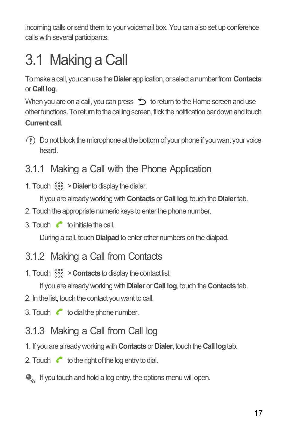 1 making a call, 1 making a call with the phone application, 2 making a call from contacts | 3 making a call from call log | Huawei U8180 User Manual User Manual | Page 20 / 61