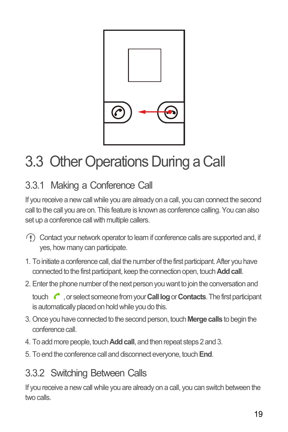 3 other operations during a call, 1 making a conference call, 2 switching between calls | Huawei U8180 User Manual User Manual | Page 22 / 61
