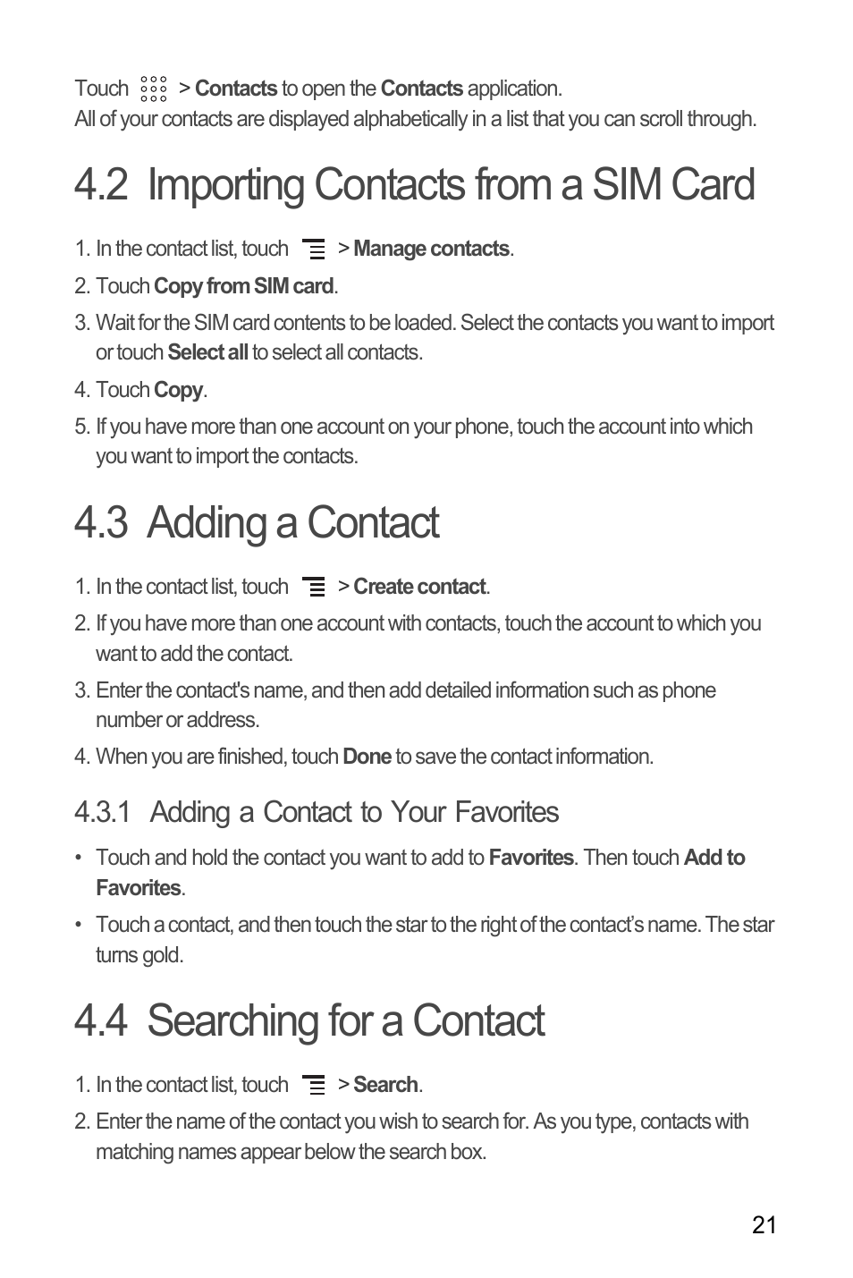 2 importing contacts from a sim card, 3 adding a contact, 1 adding a contact to your favorites | 4 searching for a contact | Huawei U8180 User Manual User Manual | Page 24 / 61