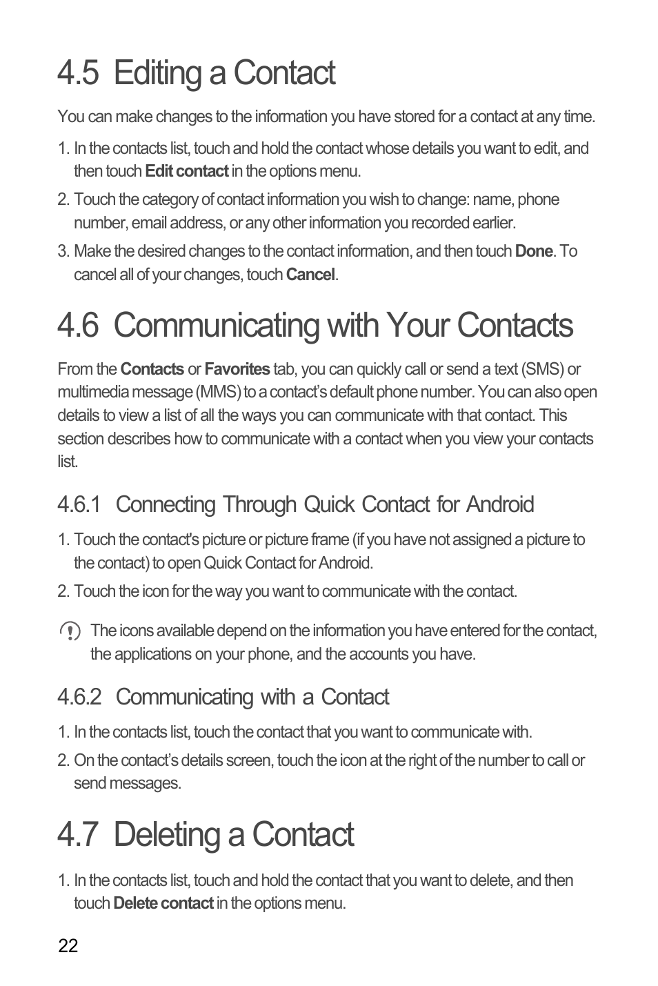5 editing a contact, 6 communicating with your contacts, 1 connecting through quick contact for android | 2 communicating with a contact, 7 deleting a contact | Huawei U8180 User Manual User Manual | Page 25 / 61