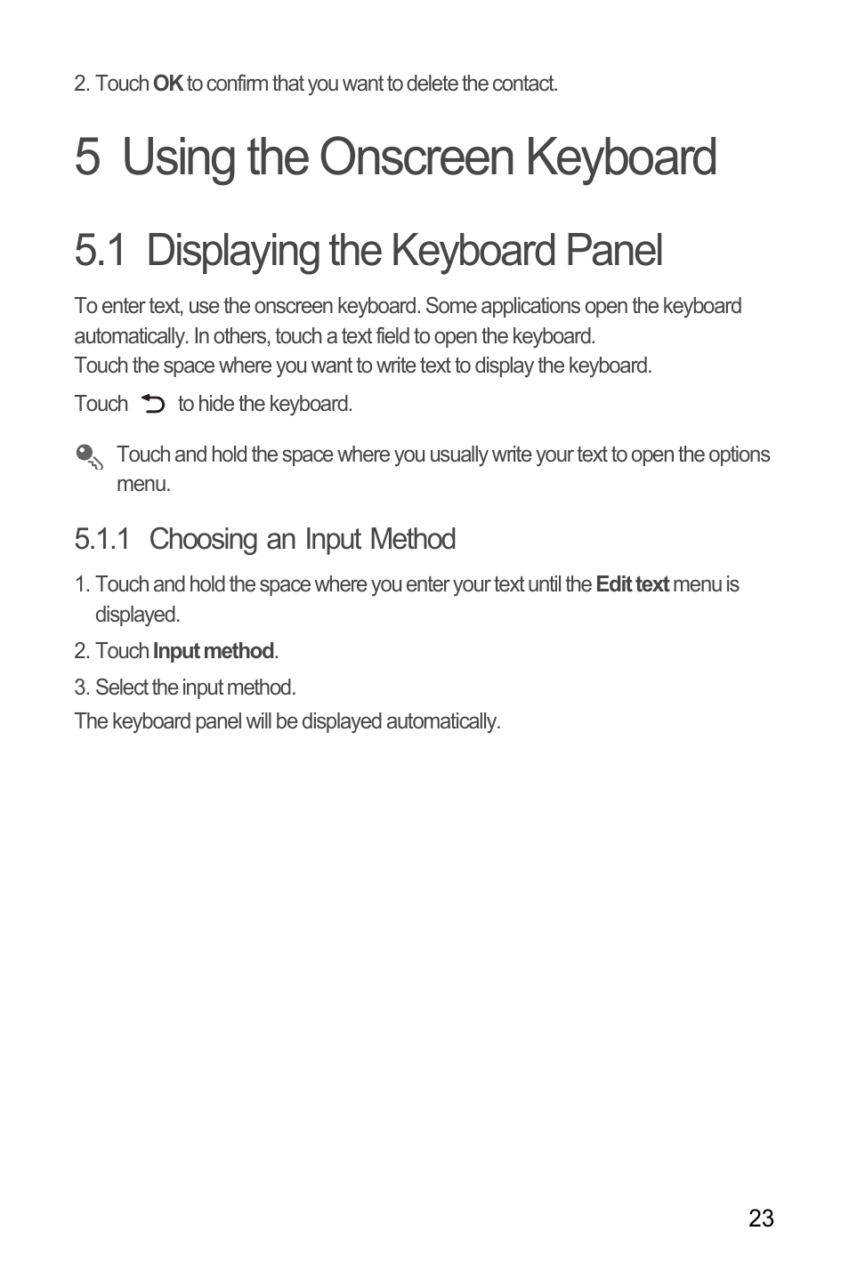 5 using the onscreen keyboard, 1 displaying the keyboard panel, 1 choosing an input method | Using the onscreen keyboard | Huawei U8180 User Manual User Manual | Page 26 / 61