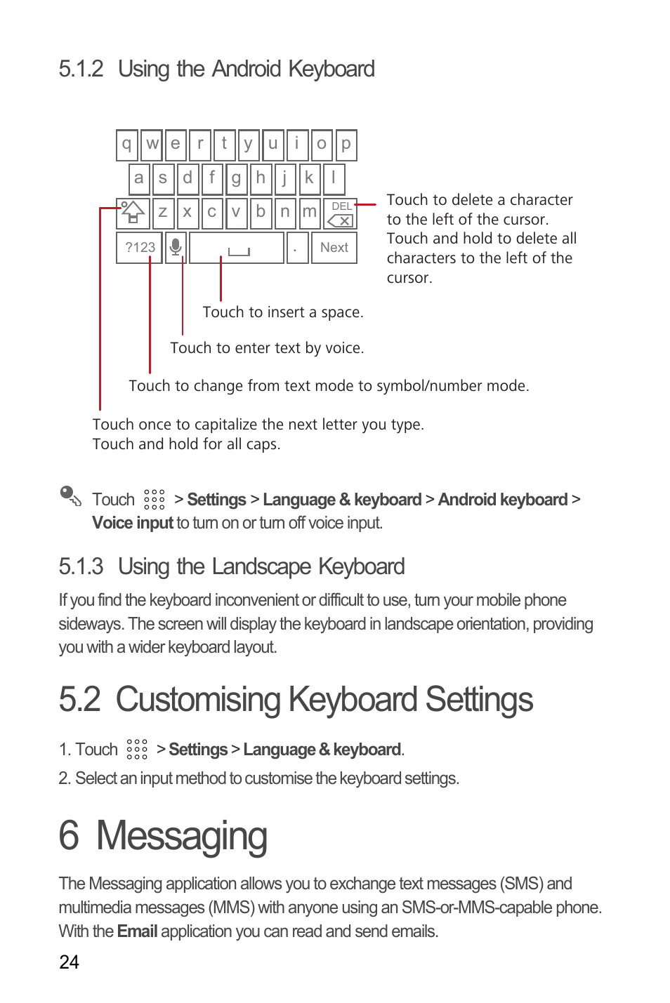 2 using the android keyboard, 3 using the landscape keyboard, 2 customising keyboard settings | 6 messaging | Huawei U8180 User Manual User Manual | Page 27 / 61