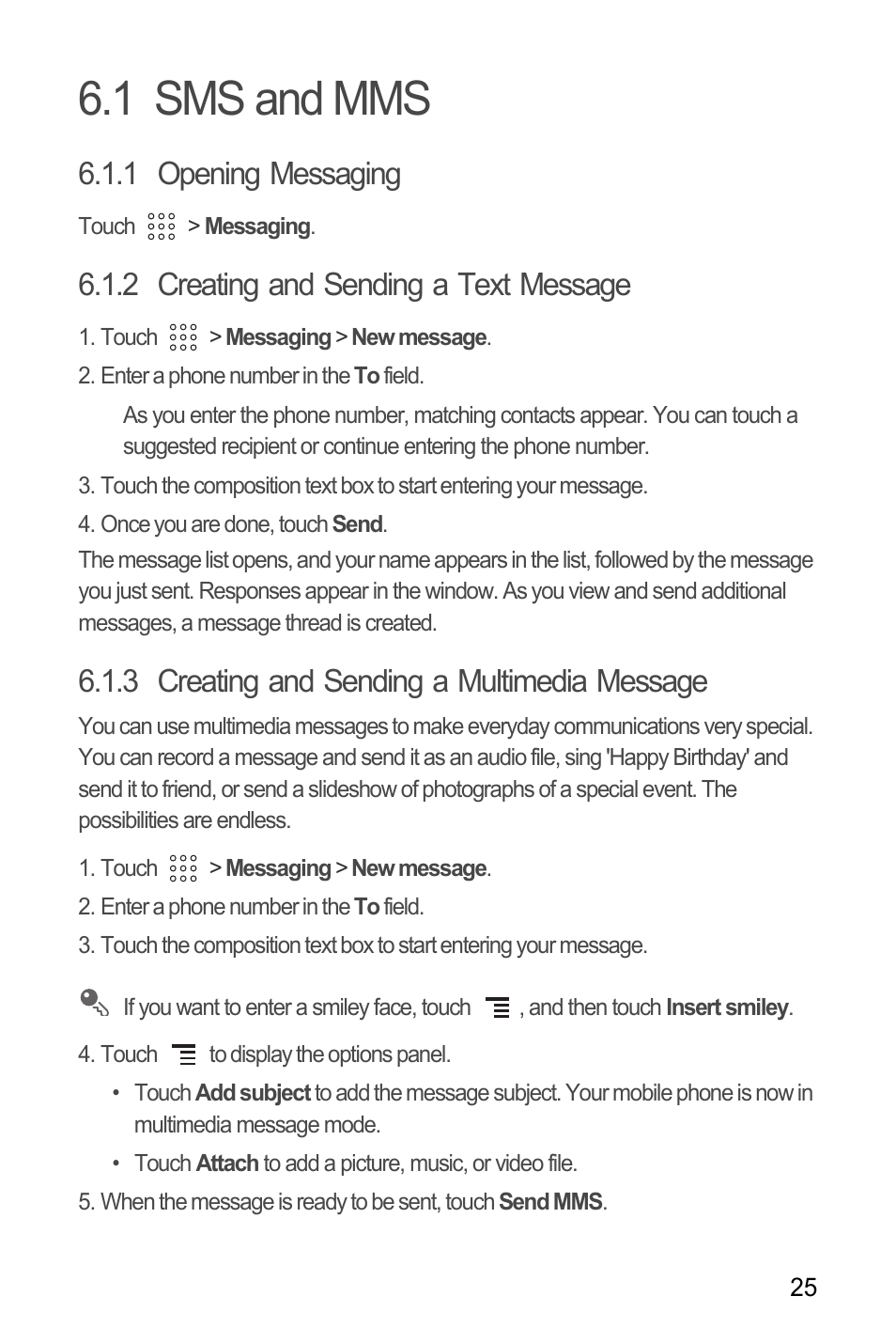 1 sms and mms, 1 opening messaging, 2 creating and sending a text message | 3 creating and sending a multimedia message | Huawei U8180 User Manual User Manual | Page 28 / 61