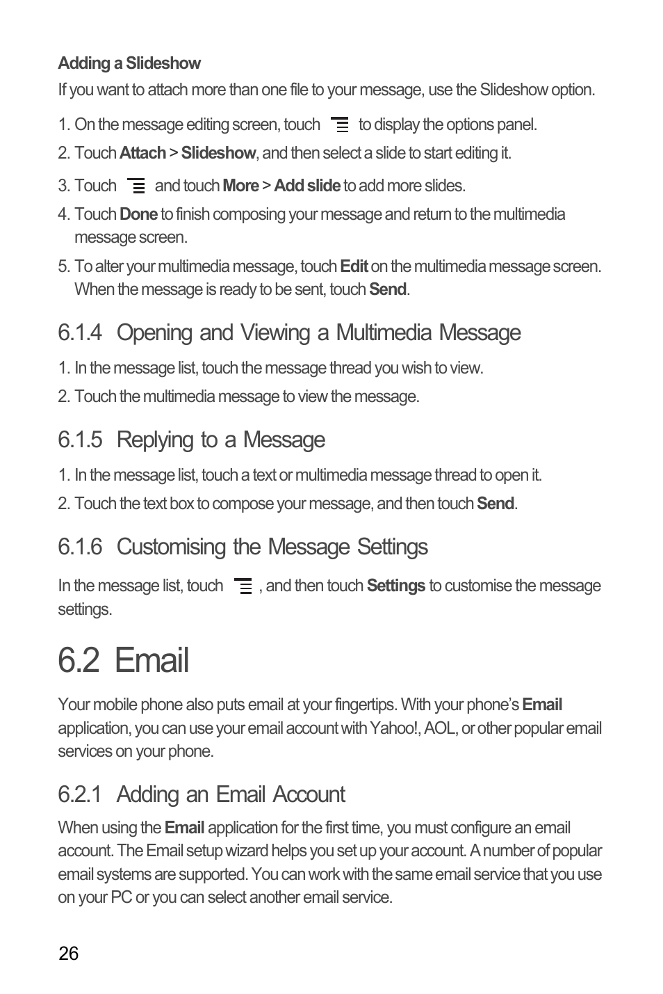 Adding a slideshow, 4 opening and viewing a multimedia message, 5 replying to a message | 6 customising the message settings, 2 email, 1 adding an email account | Huawei U8180 User Manual User Manual | Page 29 / 61