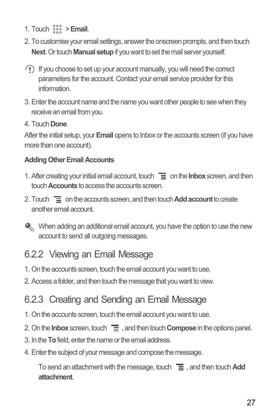 Adding other email accounts, 2 viewing an email message, 3 creating and sending an email message | Huawei U8180 User Manual User Manual | Page 30 / 61