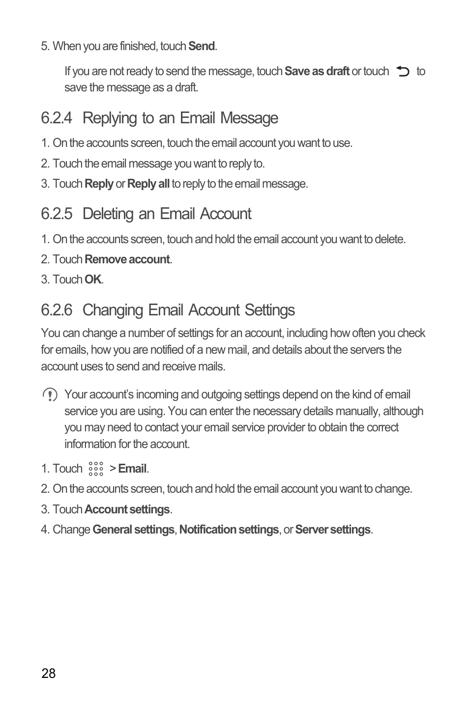 4 replying to an email message, 5 deleting an email account, 6 changing email account settings | Huawei U8180 User Manual User Manual | Page 31 / 61