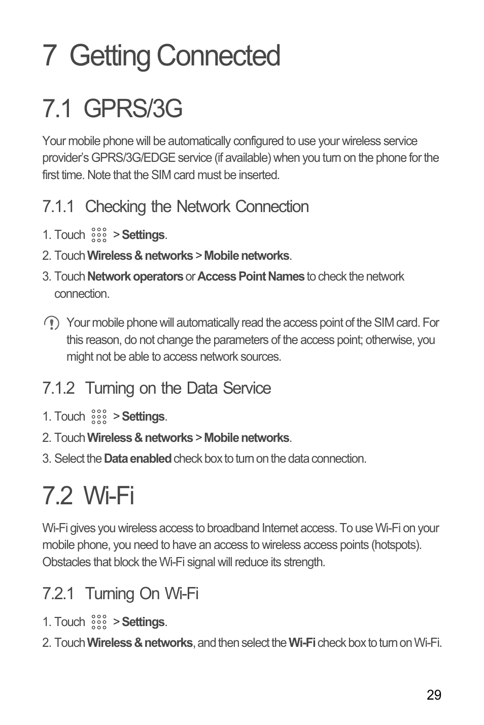 7 getting connected, 1 gprs/3g, 1 checking the network connection | 2 turning on the data service, 2 wi-fi, 1 turning on wi-fi, 1 gprs/3g 7.2 wi-fi | Huawei U8180 User Manual User Manual | Page 32 / 61