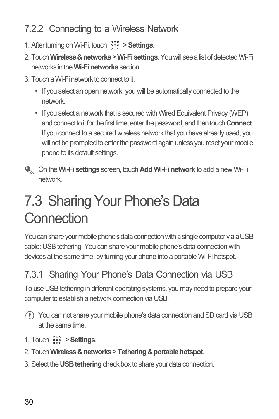 2 connecting to a wireless network, 3 sharing your phone’s data connection, 1 sharing your phone’s data connection via usb | Huawei U8180 User Manual User Manual | Page 33 / 61