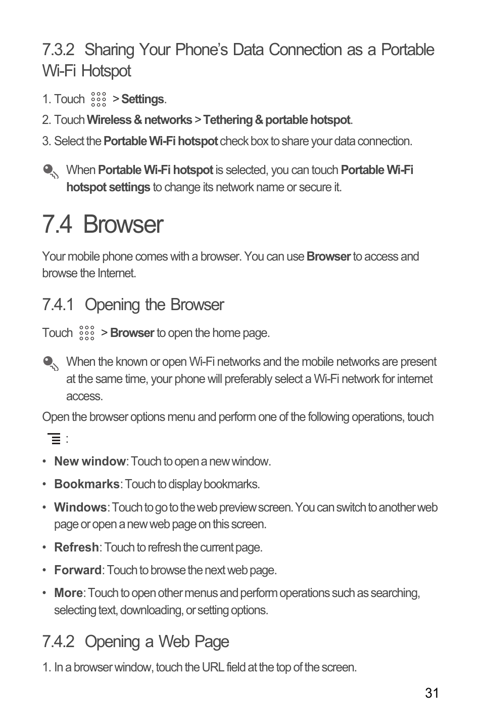 4 browser, 1 opening the browser, 2 opening a web page | Huawei U8180 User Manual User Manual | Page 34 / 61