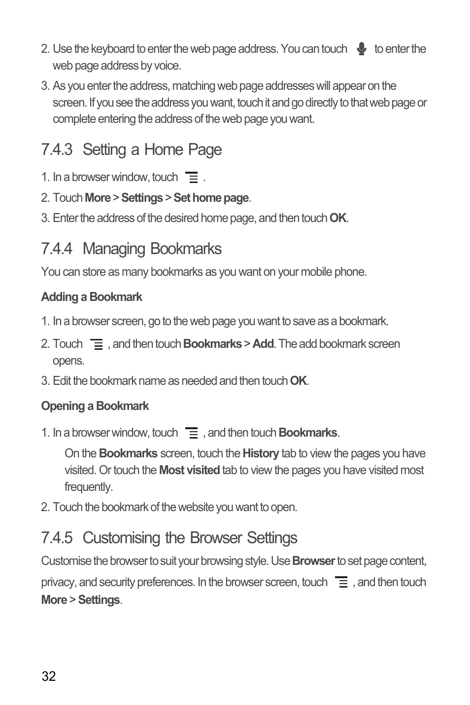 4 managing bookmarks, Adding a bookmark, Opening a bookmark | 5 customising the browser settings, 3 setting a home page | Huawei U8180 User Manual User Manual | Page 35 / 61