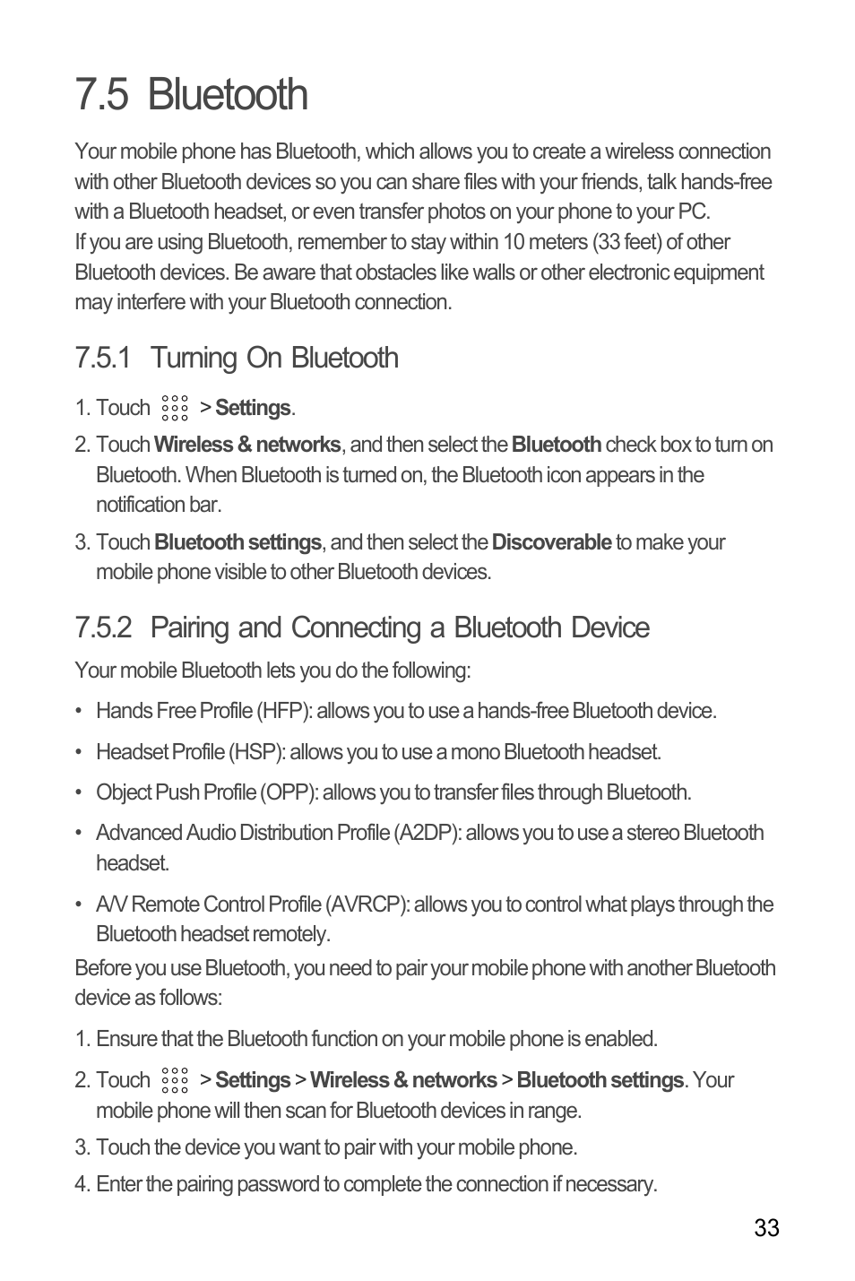 5 bluetooth, 1 turning on bluetooth, 2 pairing and connecting a bluetooth device | Huawei U8180 User Manual User Manual | Page 36 / 61