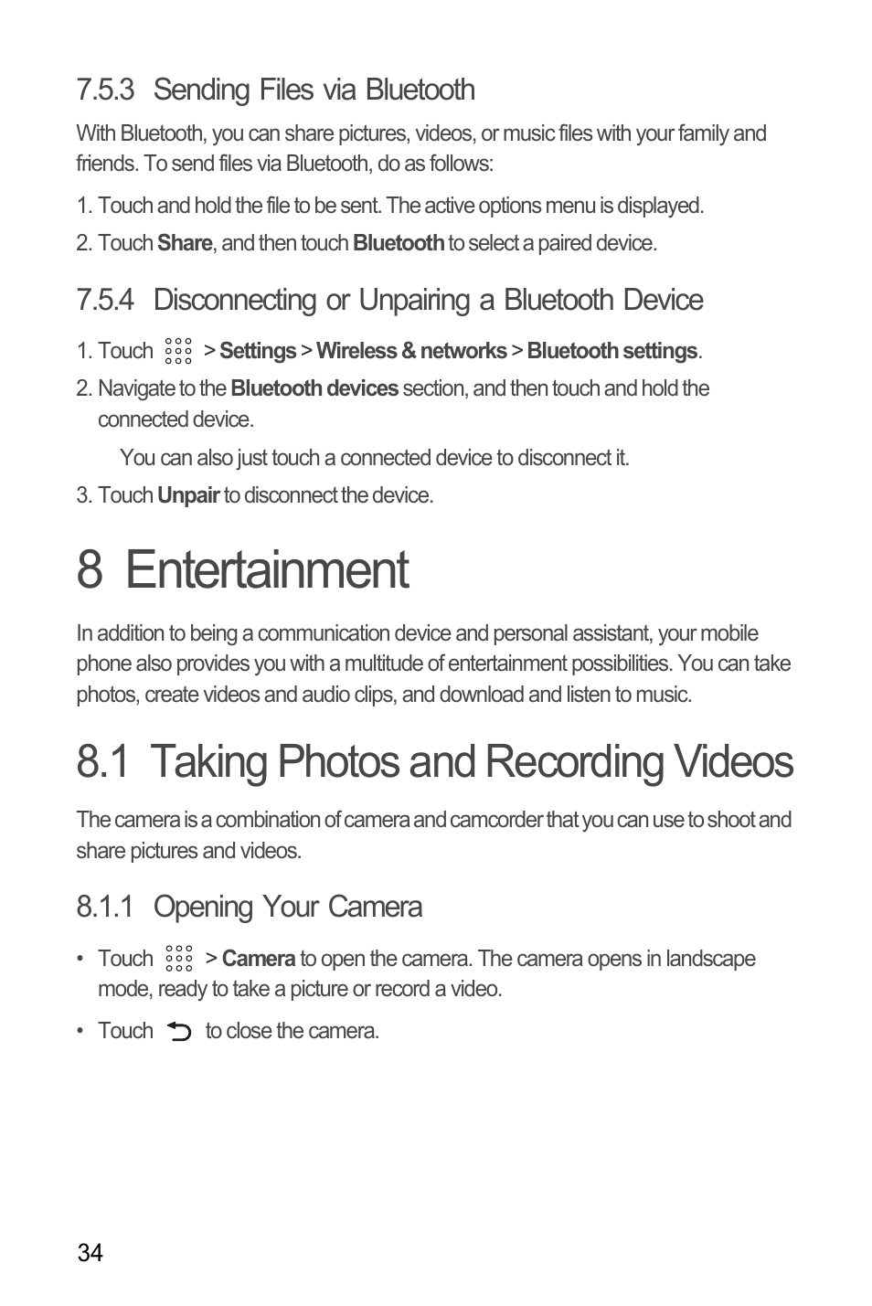 3 sending files via bluetooth, 4 disconnecting or unpairing a bluetooth device, 8 entertainment | 1 taking photos and recording videos, 1 opening your camera | Huawei U8180 User Manual User Manual | Page 37 / 61