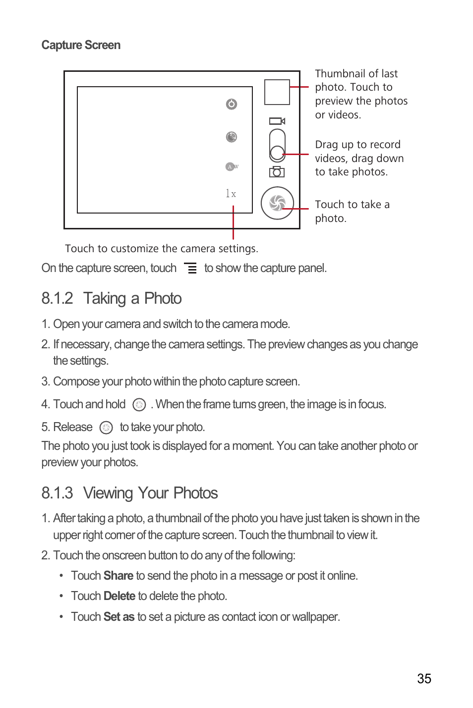 Capture screen, 2 taking a photo, 3 viewing your photos | Huawei U8180 User Manual User Manual | Page 38 / 61