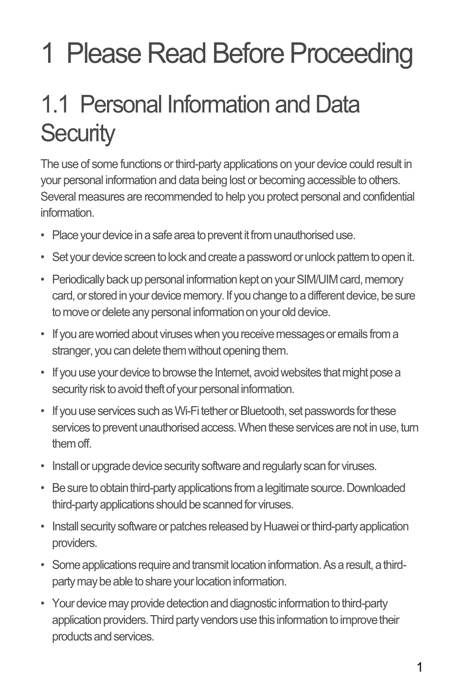 1 please read before proceeding, 1 personal information and data security | Huawei U8180 User Manual User Manual | Page 4 / 61