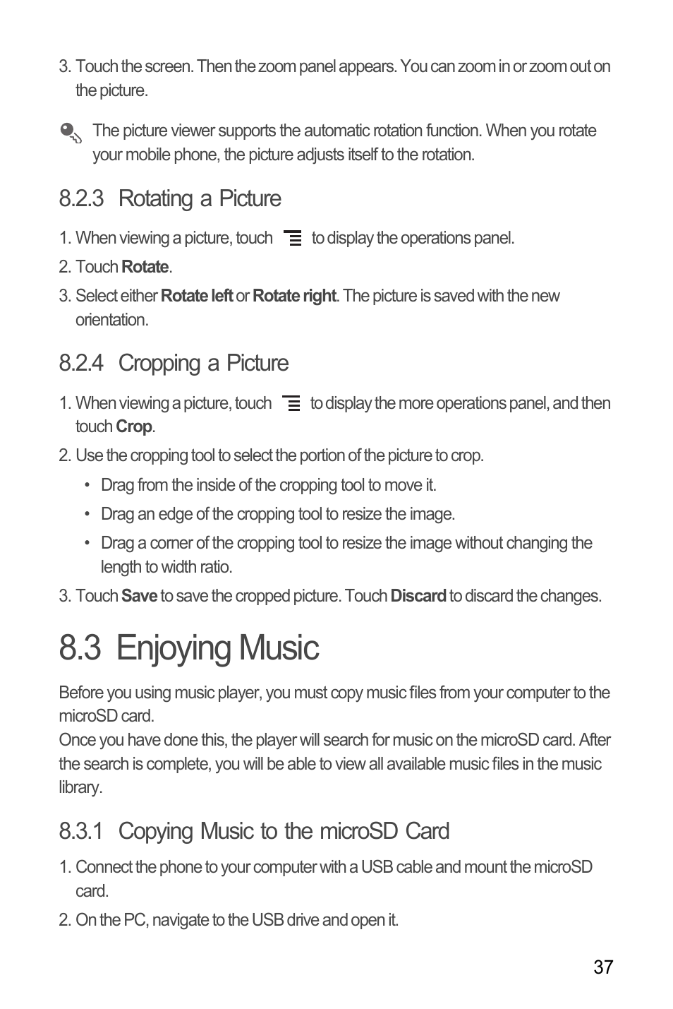3 rotating a picture, 4 cropping a picture, 3 enjoying music | 1 copying music to the microsd card | Huawei U8180 User Manual User Manual | Page 40 / 61