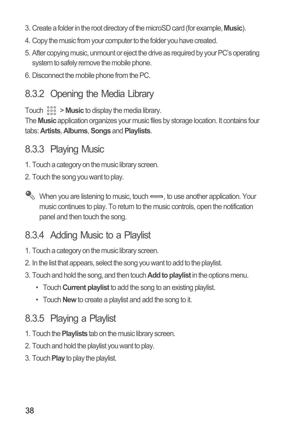2 opening the media library, 3 playing music, 4 adding music to a playlist | 5 playing a playlist | Huawei U8180 User Manual User Manual | Page 41 / 61