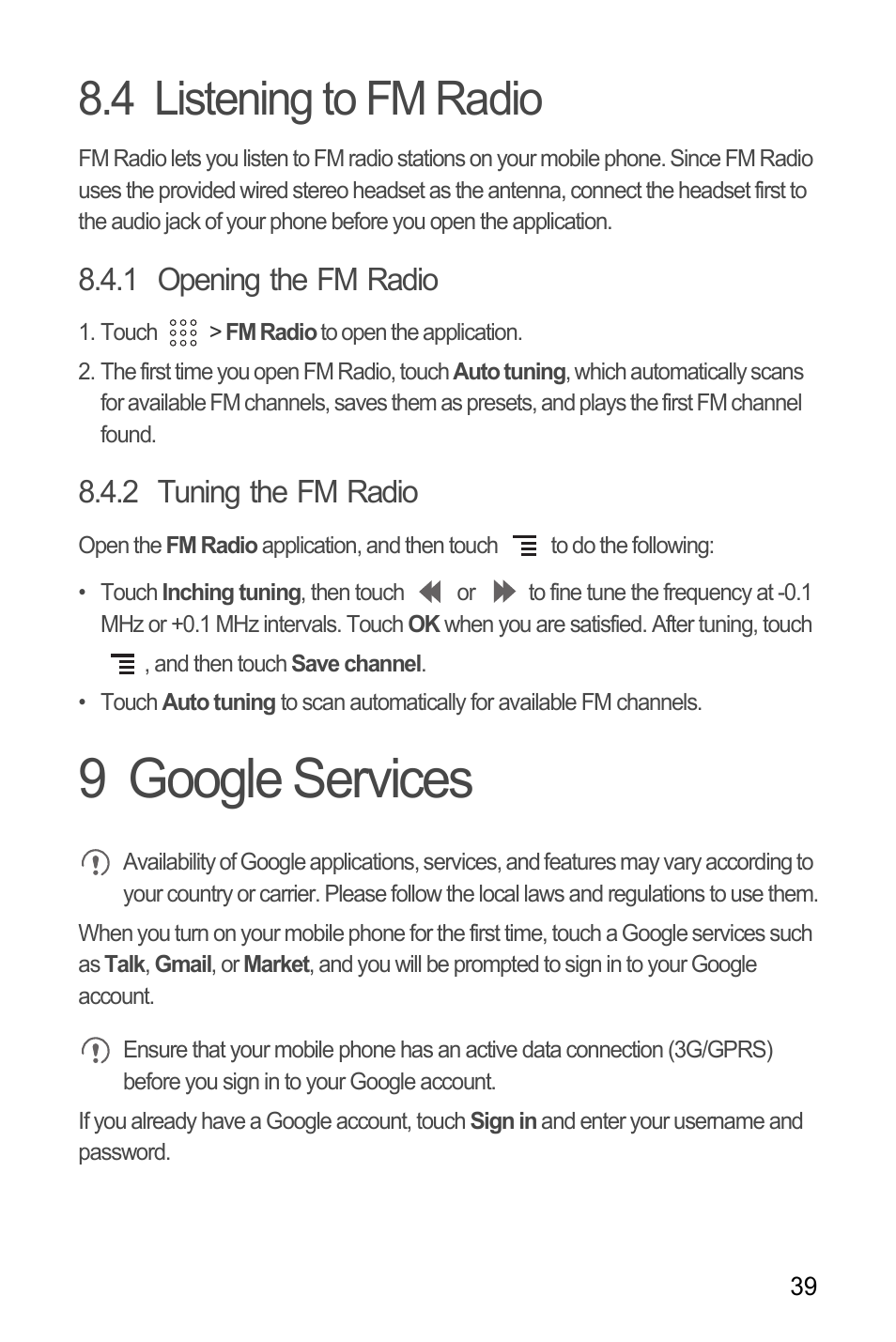 4 listening to fm radio, 1 opening the fm radio, 2 tuning the fm radio | 9 google services | Huawei U8180 User Manual User Manual | Page 42 / 61
