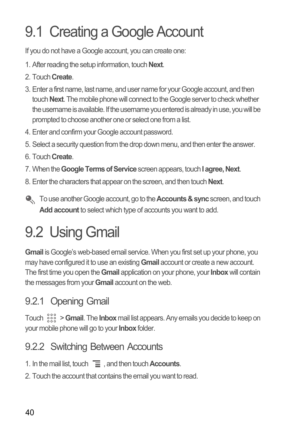 1 creating a google account, 2 using gmail, 1 opening gmail | 2 switching between accounts, 1 creating a google account 9.2 using gmail | Huawei U8180 User Manual User Manual | Page 43 / 61