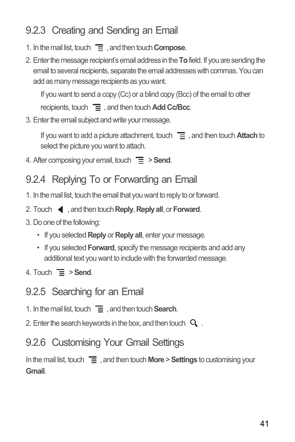 3 creating and sending an email, 4 replying to or forwarding an email, 5 searching for an email | 6 customising your gmail settings | Huawei U8180 User Manual User Manual | Page 44 / 61