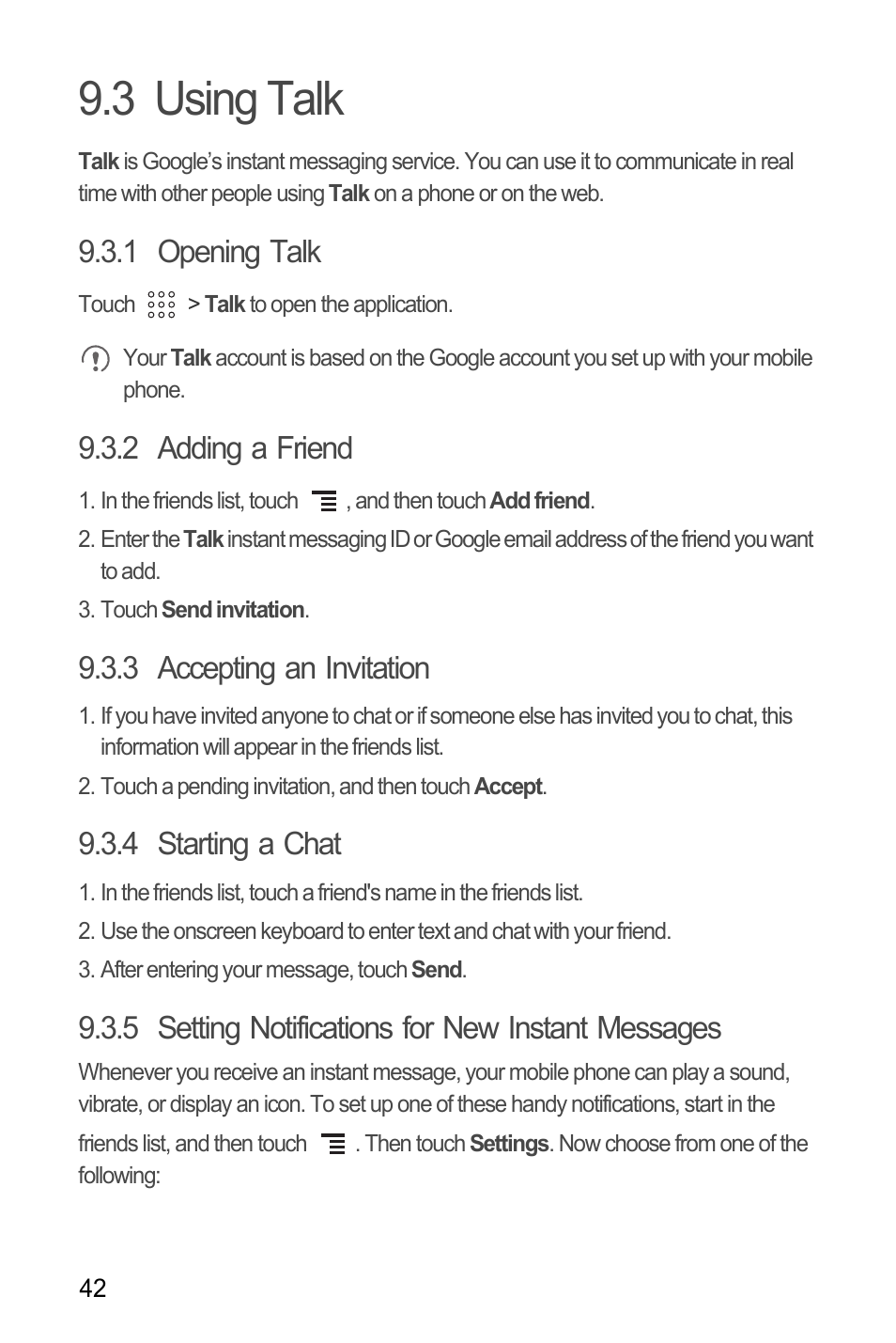 3 using talk, 1 opening talk, 2 adding a friend | 3 accepting an invitation, 4 starting a chat, 5 setting notifications for new instant messages | Huawei U8180 User Manual User Manual | Page 45 / 61