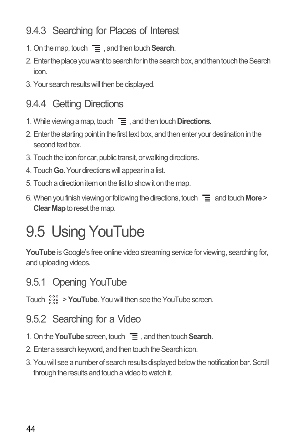 3 searching for places of interest, 4 getting directions, 5 using youtube | 1 opening youtube, 2 searching for a video | Huawei U8180 User Manual User Manual | Page 47 / 61
