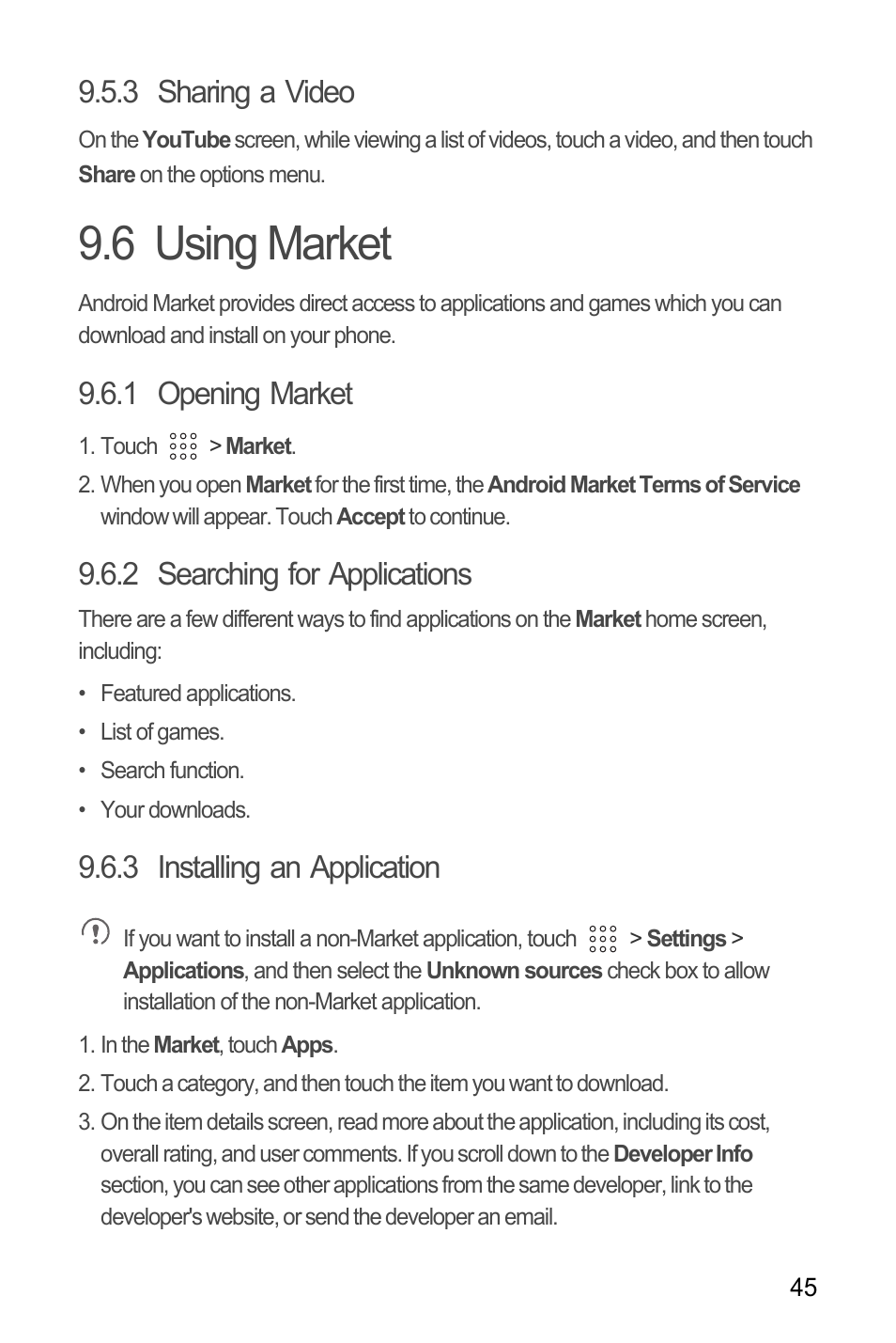 3 sharing a video, 6 using market, 1 opening market | 2 searching for applications, 3 installing an application | Huawei U8180 User Manual User Manual | Page 48 / 61