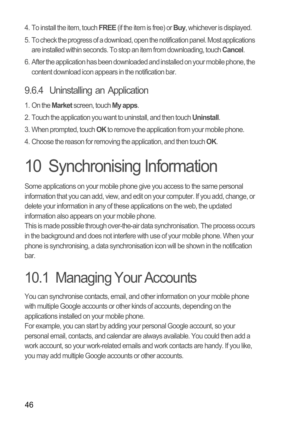 4 uninstalling an application, 10 synchronising information, 1 managing your accounts | Huawei U8180 User Manual User Manual | Page 49 / 61