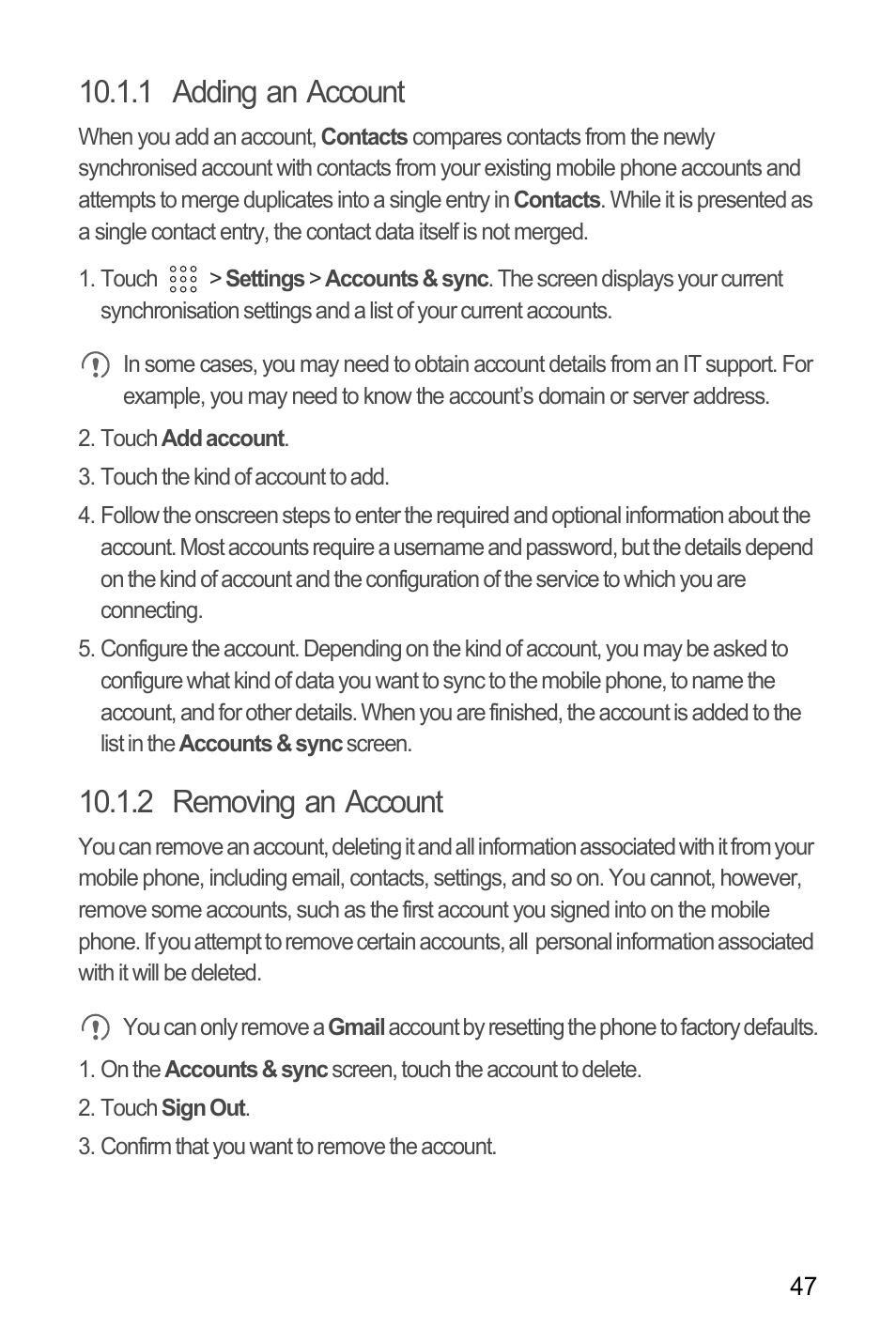 1 adding an account, 2 removing an account | Huawei U8180 User Manual User Manual | Page 50 / 61