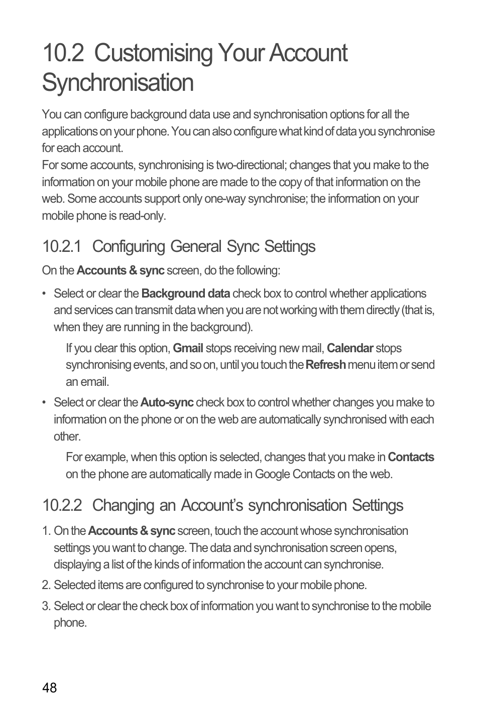 2 customising your account synchronisation, 1 configuring general sync settings, 2 changing an account’s synchronisation settings | Huawei U8180 User Manual User Manual | Page 51 / 61