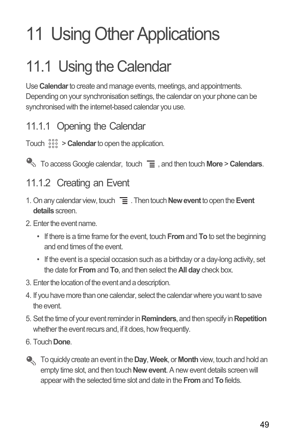 11 using other applications, 1 using the calendar, 1 opening the calendar | 2 creating an event, Using the calendar | Huawei U8180 User Manual User Manual | Page 52 / 61