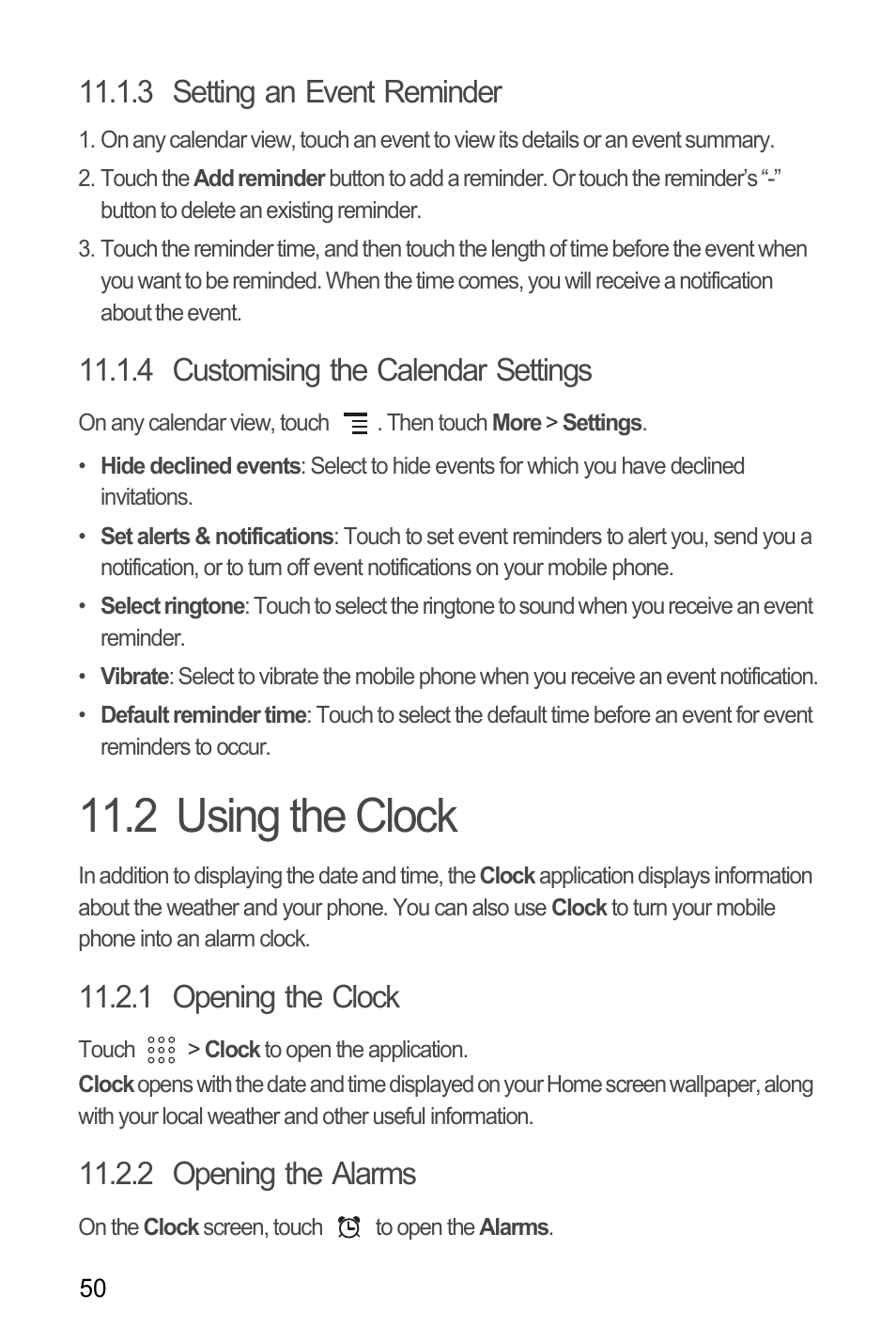 3 setting an event reminder, 4 customising the calendar settings, 2 using the clock | 1 opening the clock, 2 opening the alarms | Huawei U8180 User Manual User Manual | Page 53 / 61