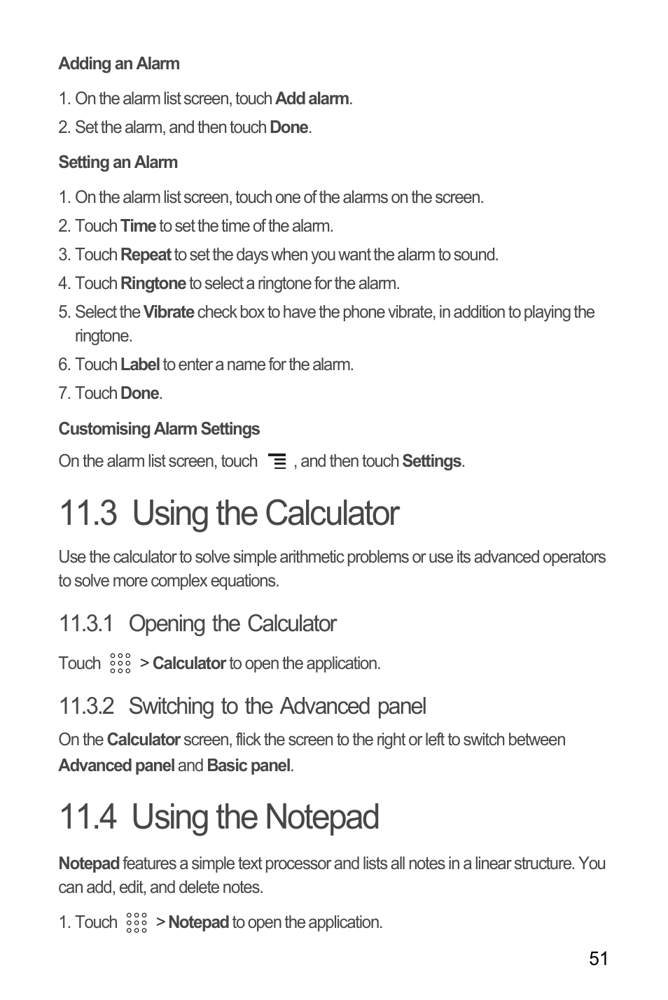Adding an alarm, Setting an alarm, Customising alarm settings | 3 using the calculator, 1 opening the calculator, 2 switching to the advanced panel, 4 using the notepad, 3 using the calculator 11.4 using the notepad | Huawei U8180 User Manual User Manual | Page 54 / 61