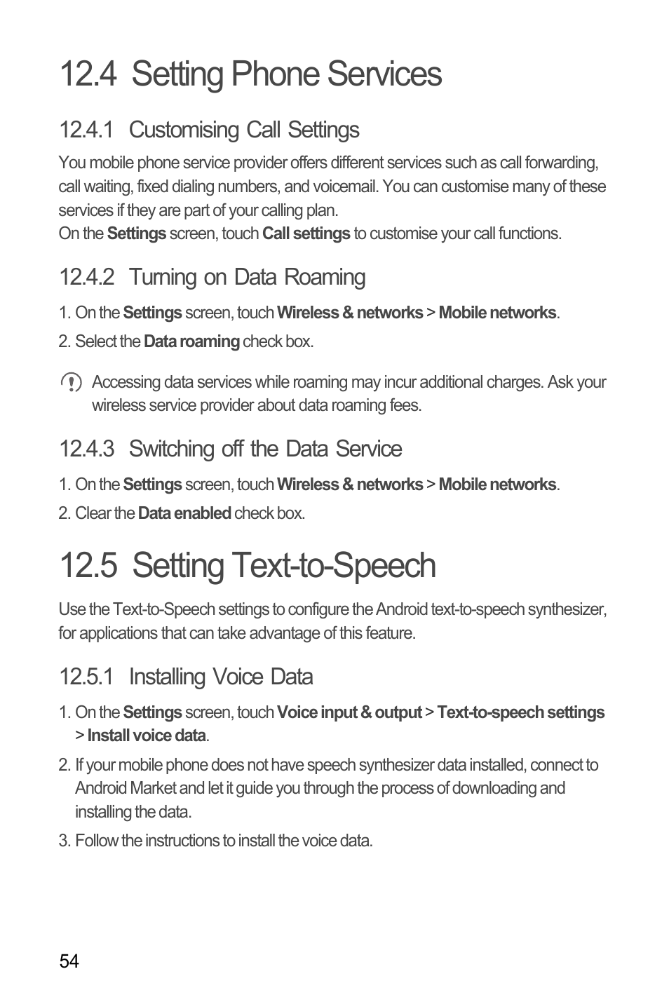 4 setting phone services, 1 customising call settings, 2 turning on data roaming | 3 switching off the data service, 5 setting text-to-speech, 1 installing voice data | Huawei U8180 User Manual User Manual | Page 57 / 61