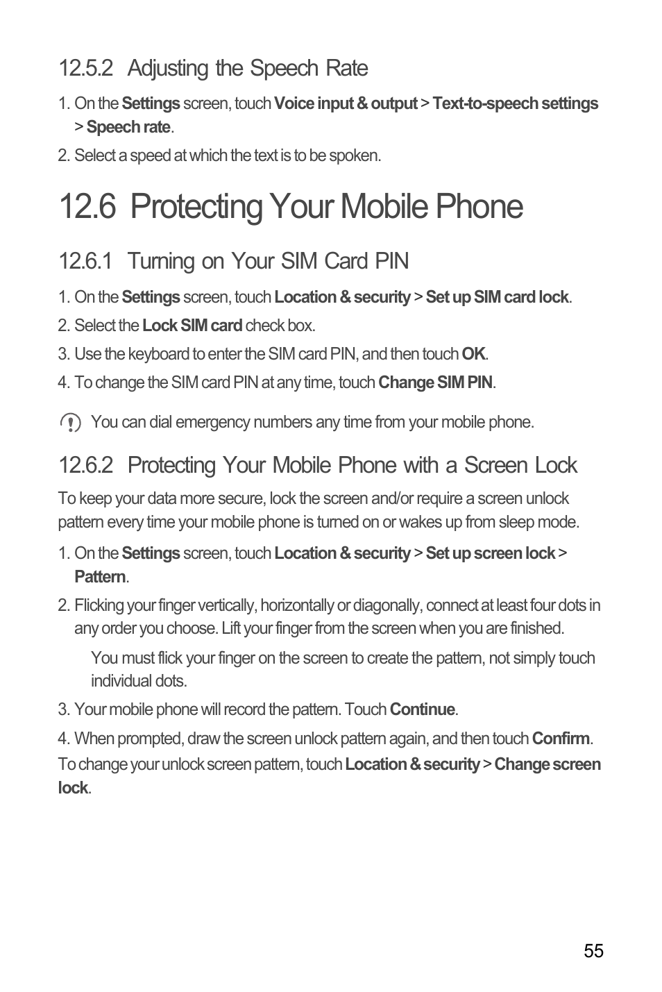 2 adjusting the speech rate, 6 protecting your mobile phone, 1 turning on your sim card pin | 2 protecting your mobile phone with a screen lock | Huawei U8180 User Manual User Manual | Page 58 / 61