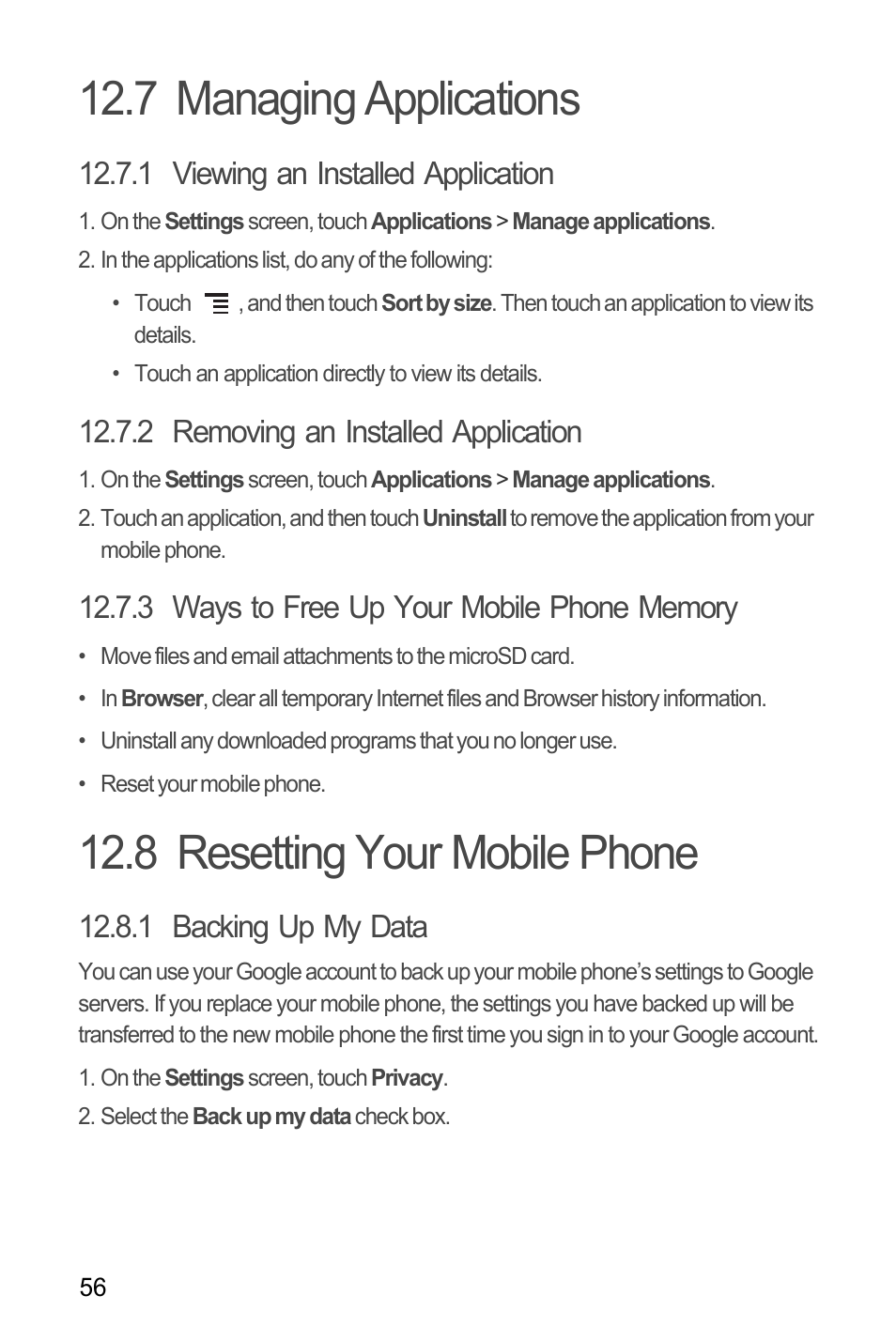 7 managing applications, 1 viewing an installed application, 2 removing an installed application | 3 ways to free up your mobile phone memory, 8 resetting your mobile phone, 1 backing up my data | Huawei U8180 User Manual User Manual | Page 59 / 61