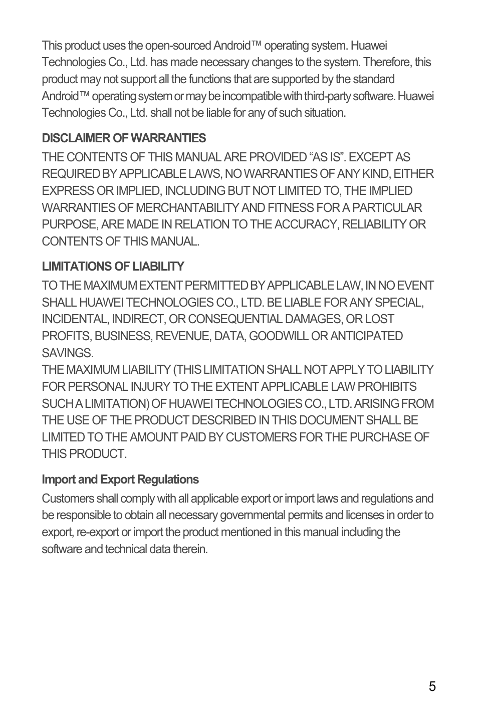 Disclaimer of warranties, Limitations of liability, Import and export regulations | Huawei U8180 User Manual User Manual | Page 8 / 61