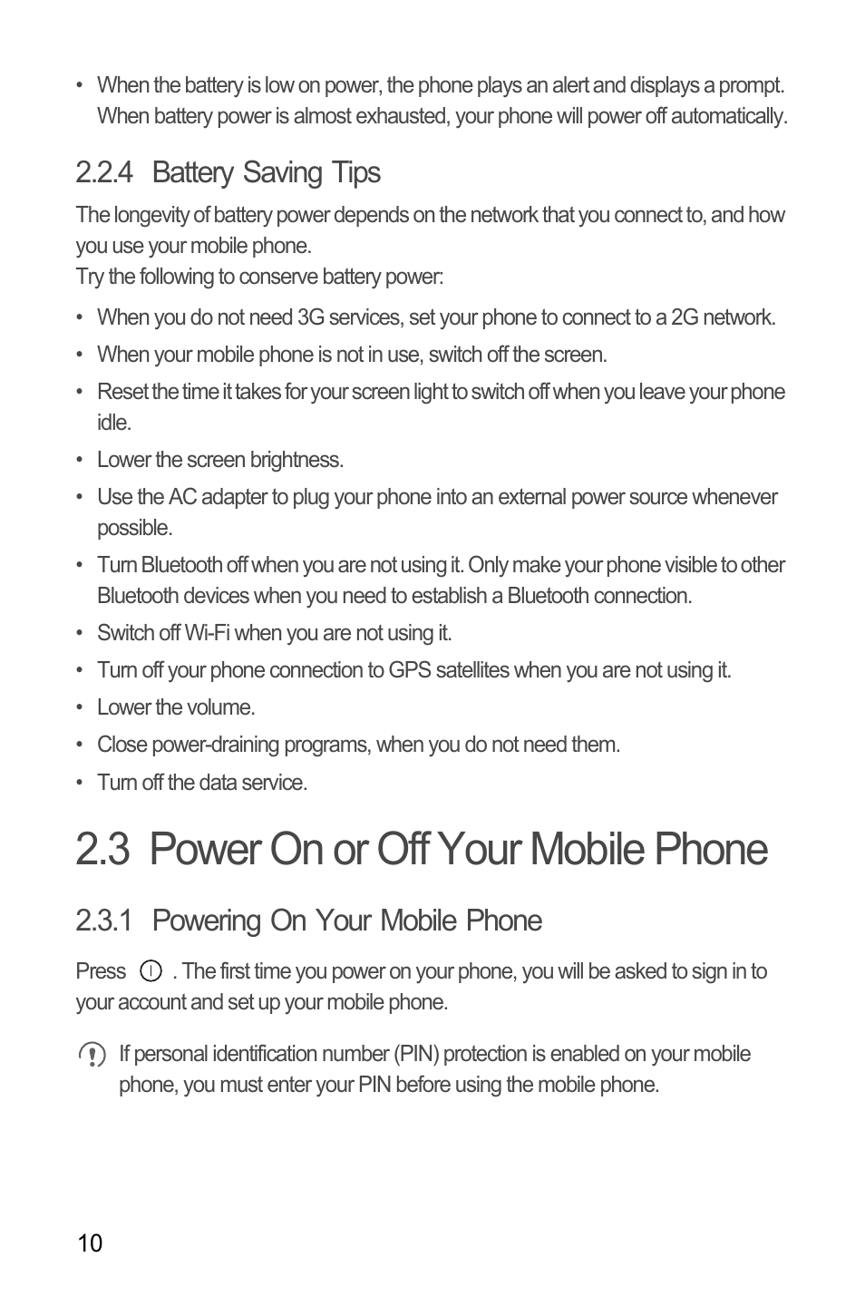 4 battery saving tips, 3 power on or off your mobile phone, 1 powering on your mobile phone | Huawei U8180 User Manual User Manual | Page 13 / 66