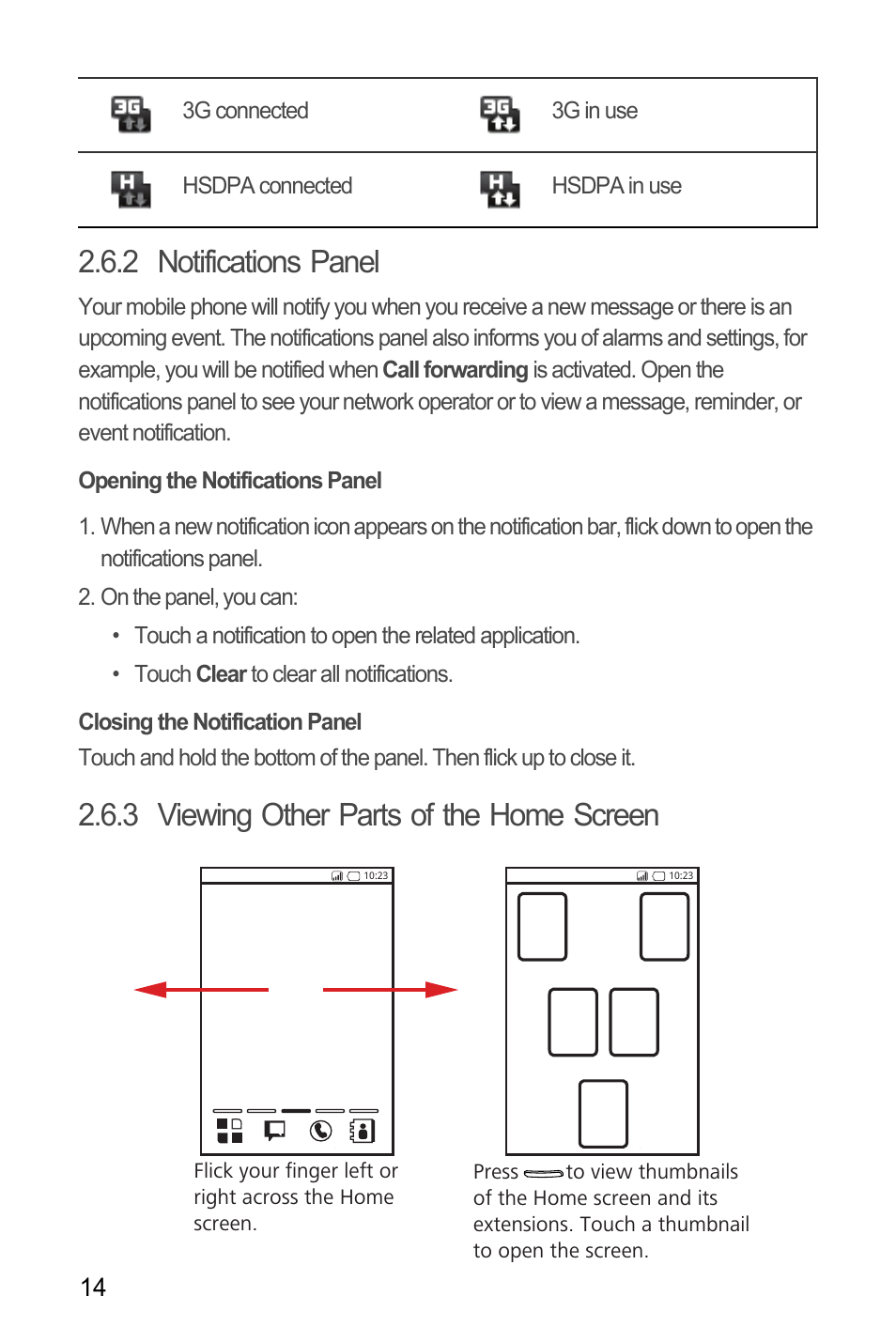 2 notifications panel, Opening the notifications panel, Closing the notification panel | 3 viewing other parts of the home screen | Huawei U8180 User Manual User Manual | Page 17 / 66