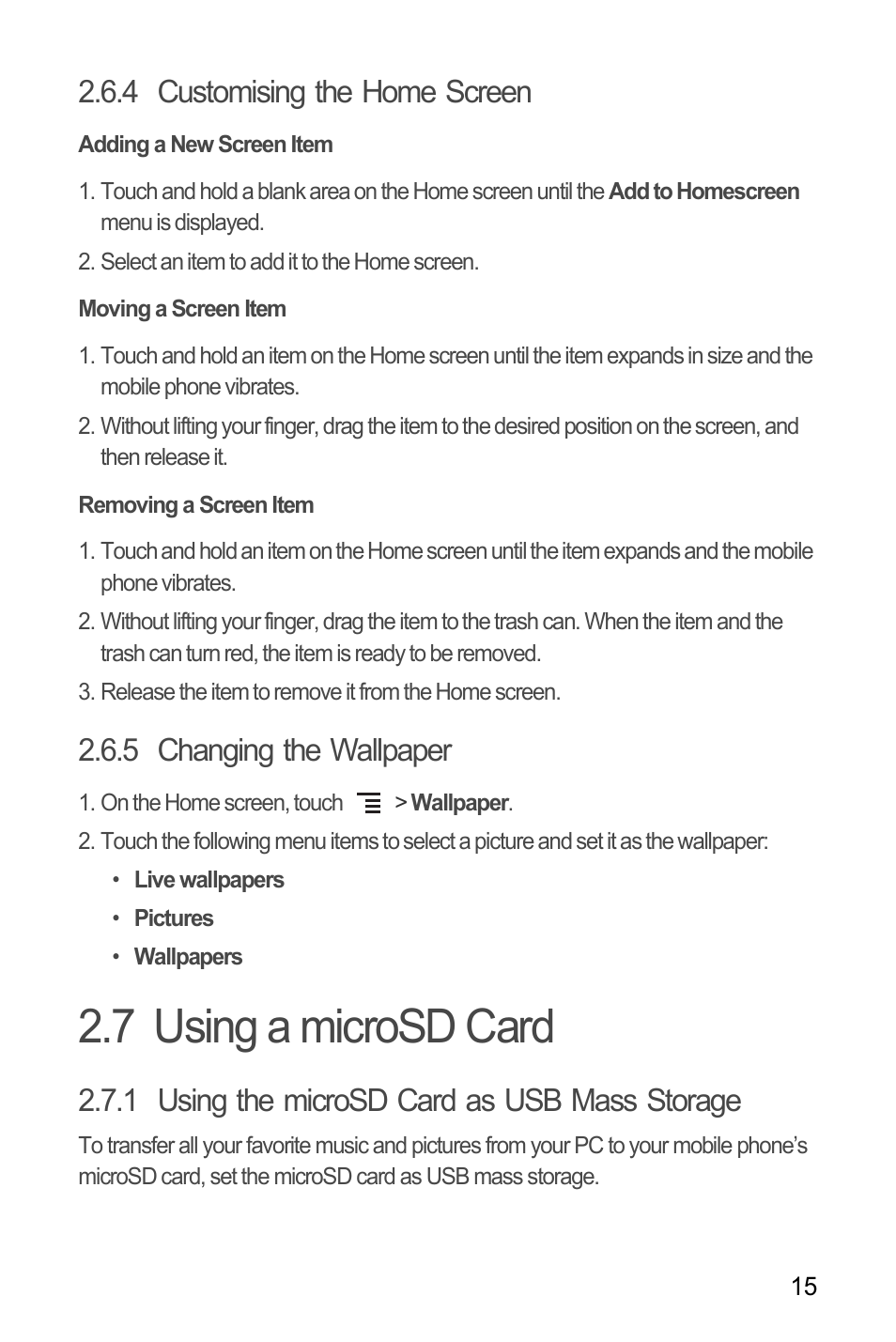 4 customising the home screen, Adding a new screen item, Moving a screen item | Removing a screen item, 5 changing the wallpaper, 7 using a microsd card, 1 using the microsd card as usb mass storage | Huawei U8180 User Manual User Manual | Page 18 / 66