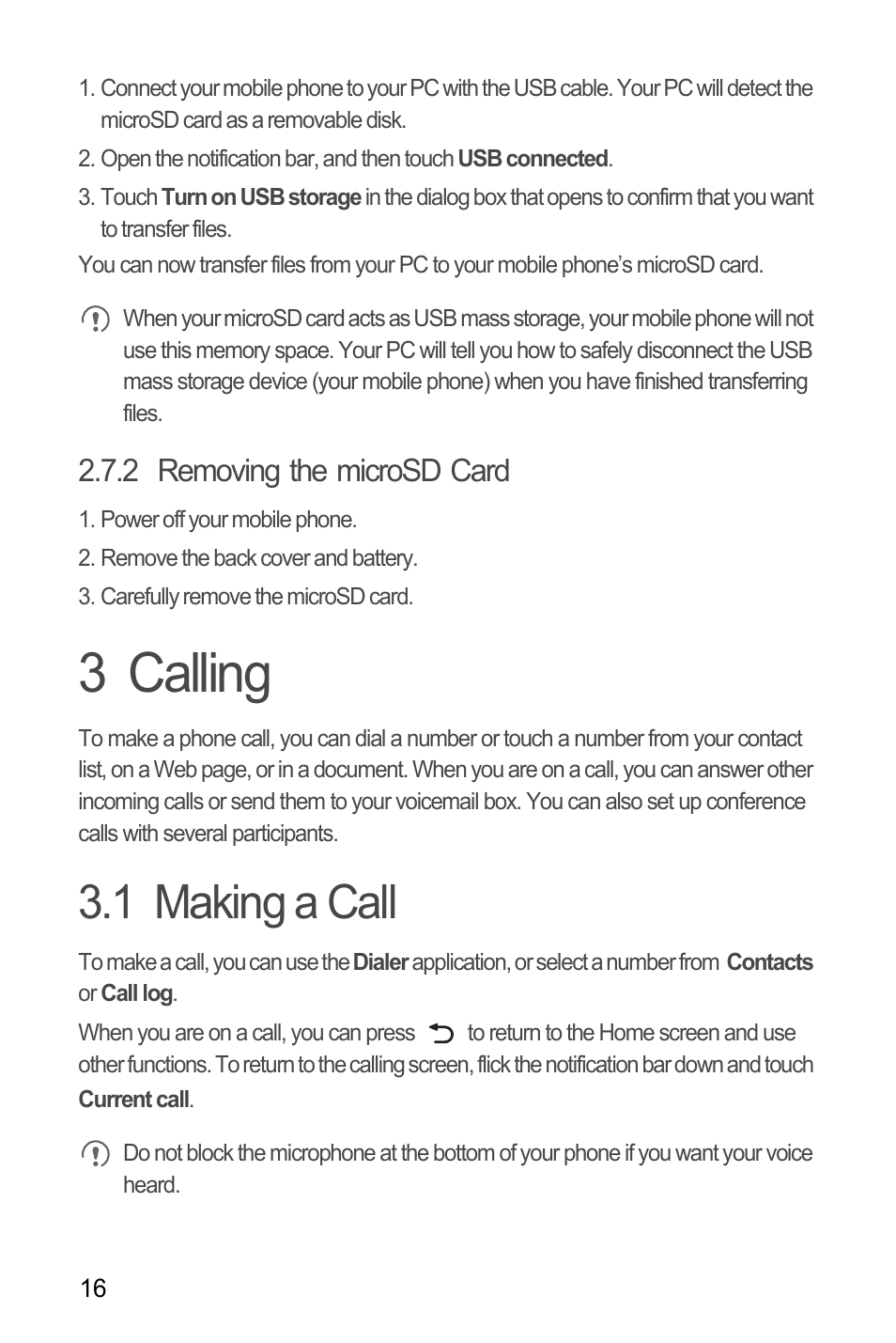 2 removing the microsd card, 3 calling, 1 making a call | Huawei U8180 User Manual User Manual | Page 19 / 66