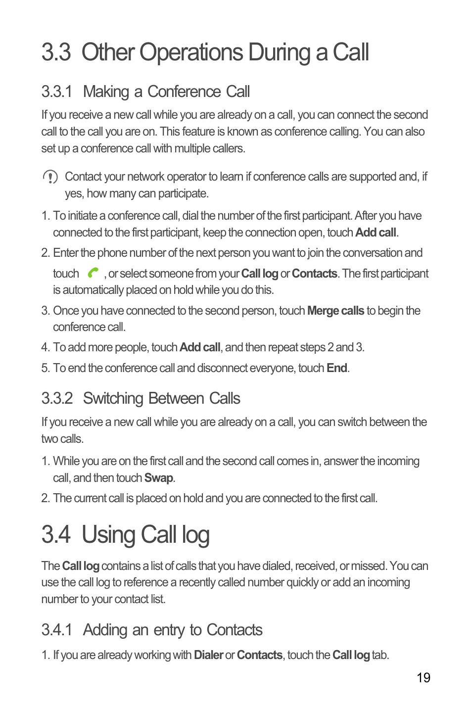 3 other operations during a call, 1 making a conference call, 2 switching between calls | 4 using call log, 1 adding an entry to contacts | Huawei U8180 User Manual User Manual | Page 22 / 66