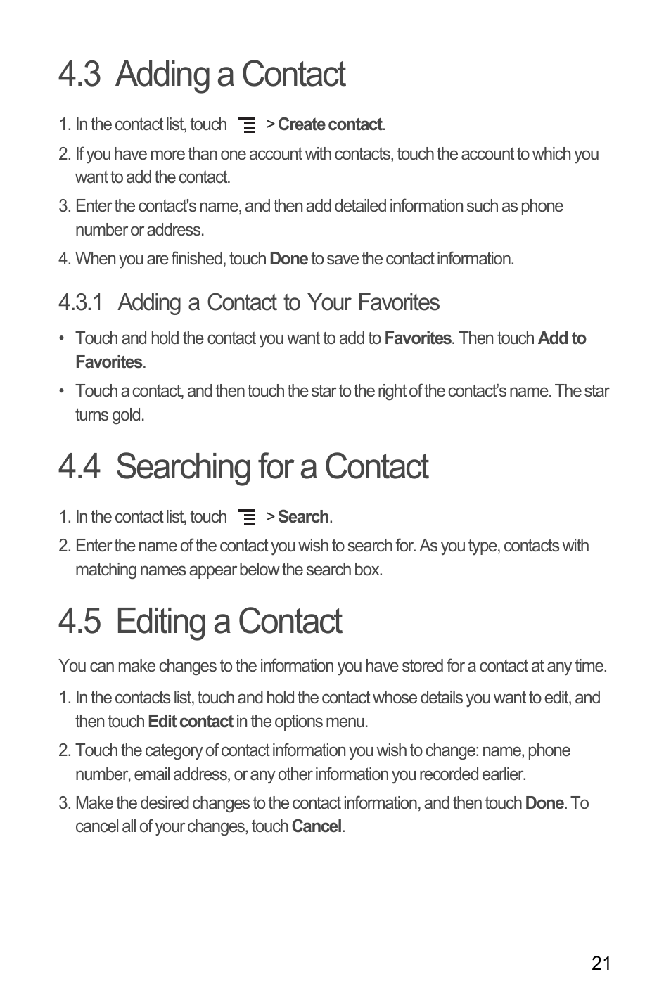 3 adding a contact, 1 adding a contact to your favorites, 4 searching for a contact | 5 editing a contact | Huawei U8180 User Manual User Manual | Page 24 / 66