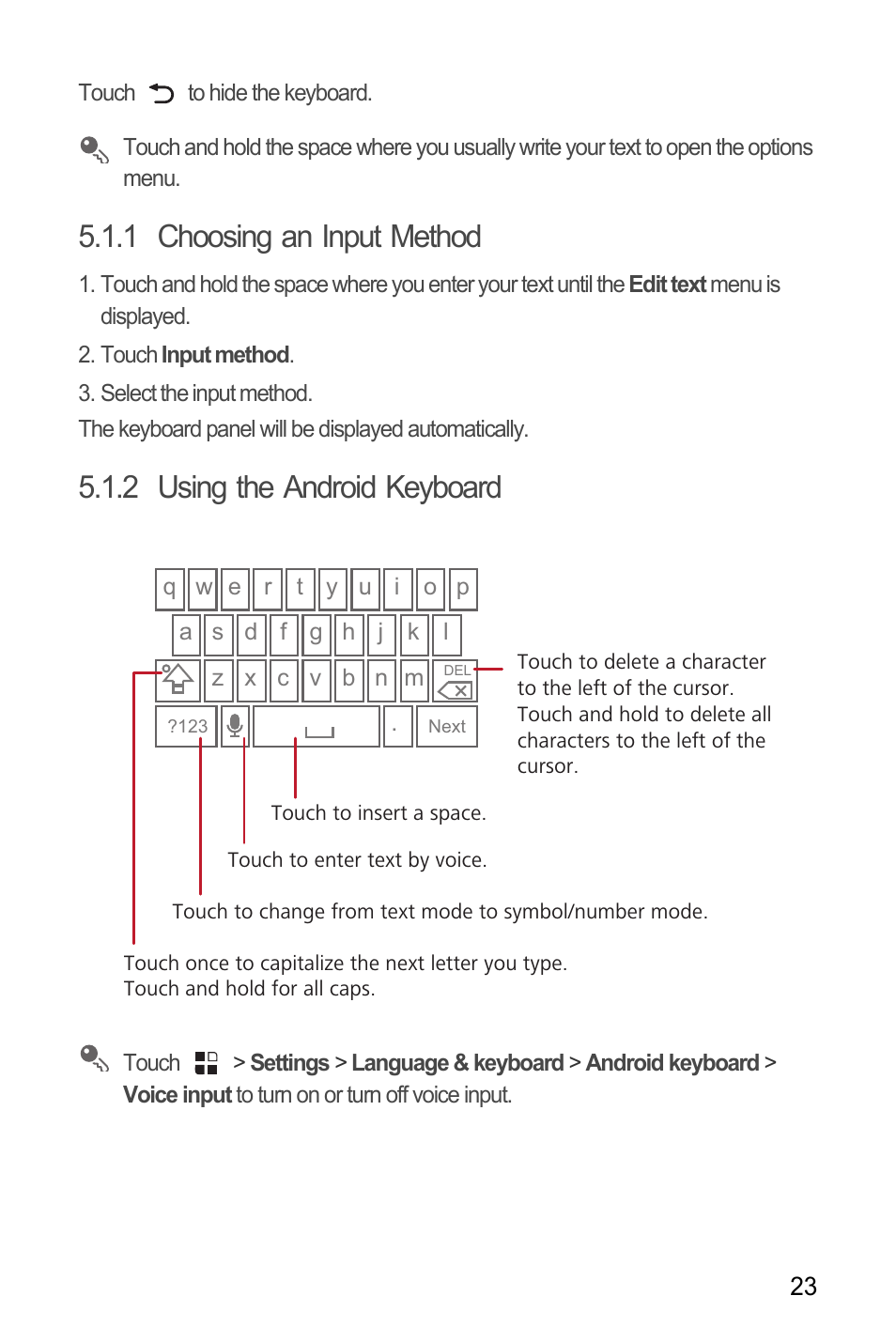 1 choosing an input method, 2 using the android keyboard | Huawei U8180 User Manual User Manual | Page 26 / 66