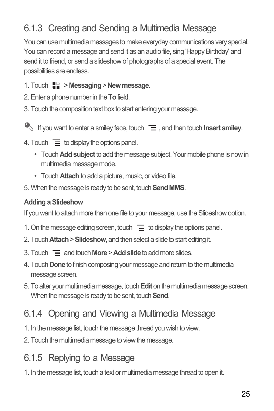 3 creating and sending a multimedia message, Adding a slideshow, 4 opening and viewing a multimedia message | 5 replying to a message | Huawei U8180 User Manual User Manual | Page 28 / 66