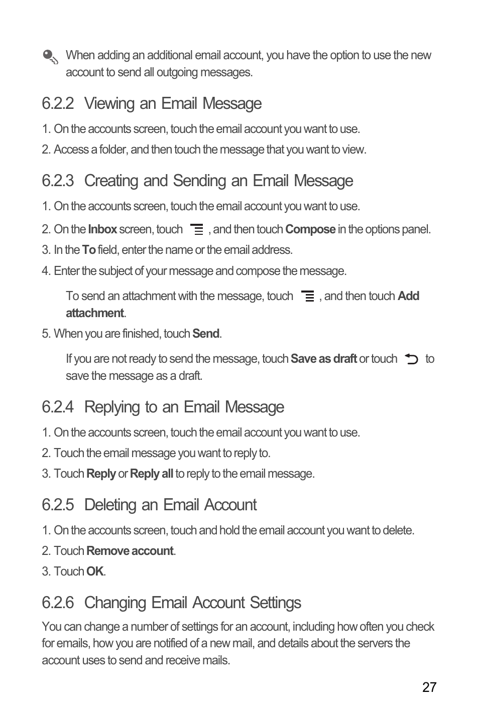 2 viewing an email message, 3 creating and sending an email message, 4 replying to an email message | 5 deleting an email account, 6 changing email account settings | Huawei U8180 User Manual User Manual | Page 30 / 66