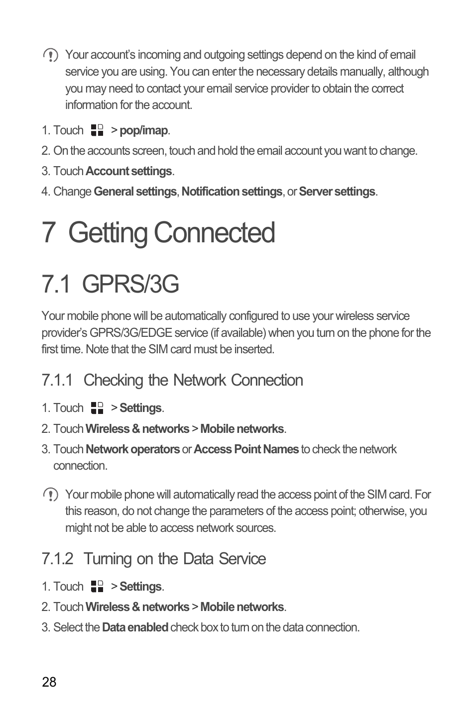 7 getting connected, 1 gprs/3g, 1 checking the network connection | 2 turning on the data service | Huawei U8180 User Manual User Manual | Page 31 / 66