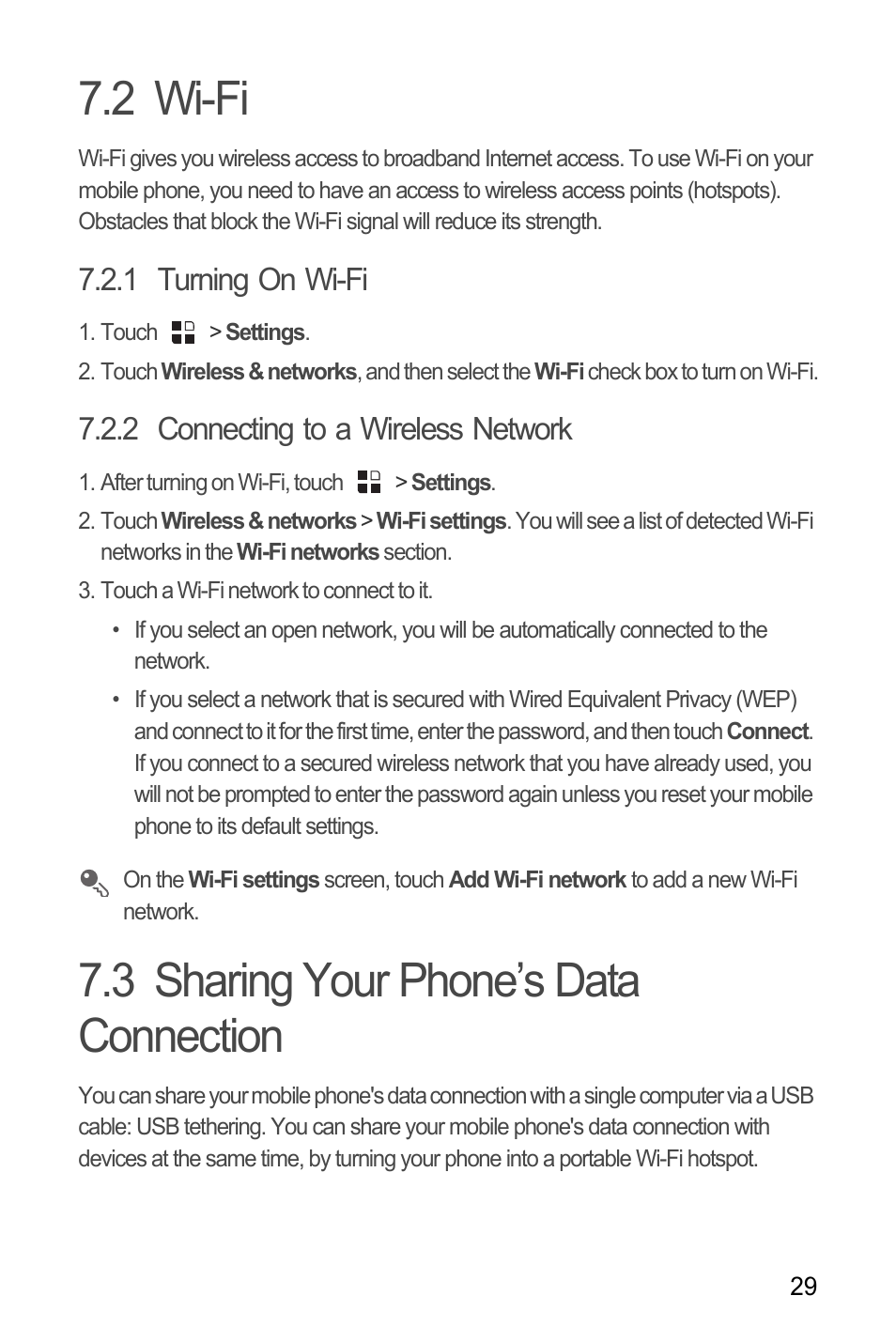 2 wi-fi, 1 turning on wi-fi, 2 connecting to a wireless network | 3 sharing your phone’s data connection, 2 wi-fi 7.3 sharing your phone’s data connection | Huawei U8180 User Manual User Manual | Page 32 / 66