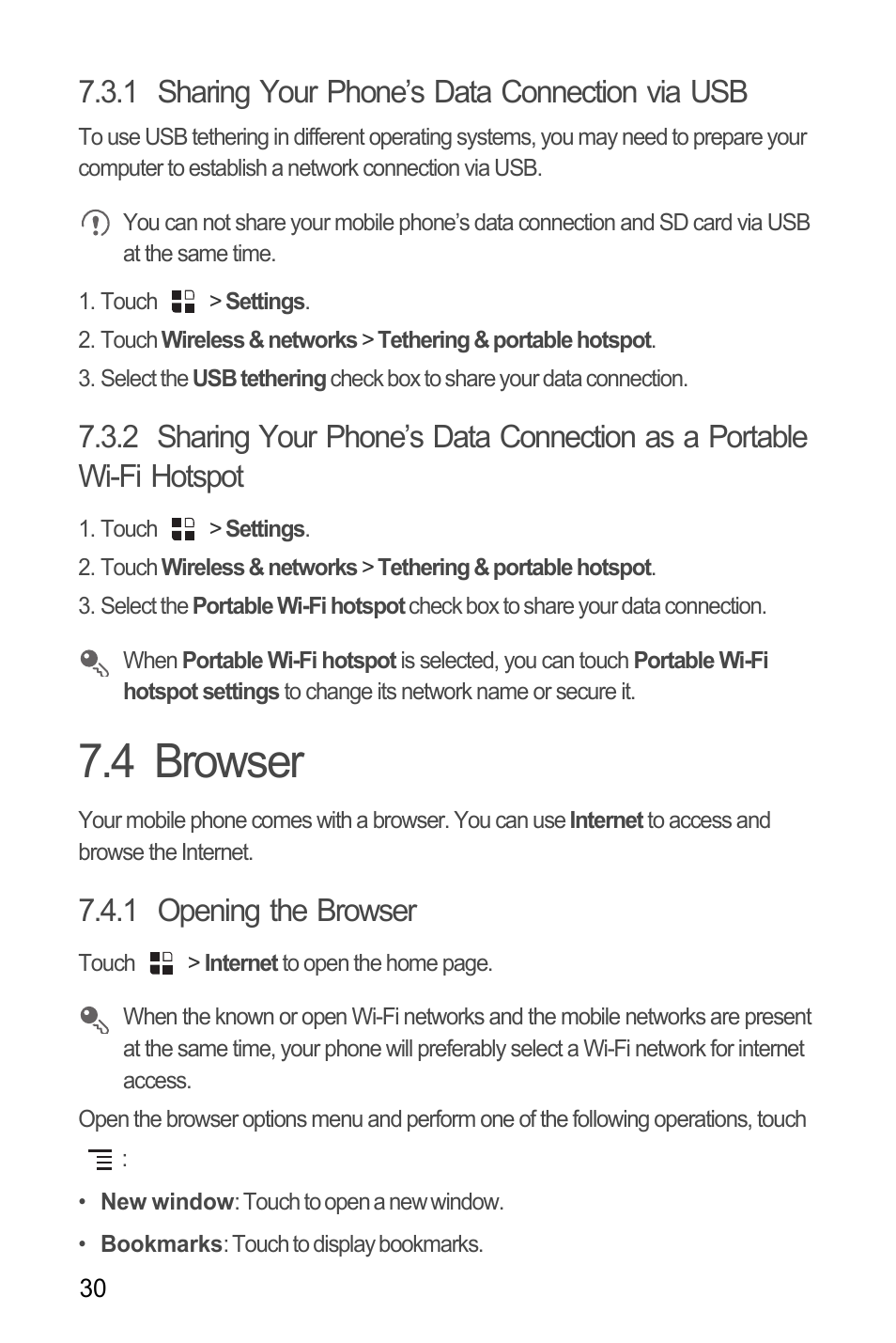 1 sharing your phone’s data connection via usb, 4 browser, 1 opening the browser | Huawei U8180 User Manual User Manual | Page 33 / 66