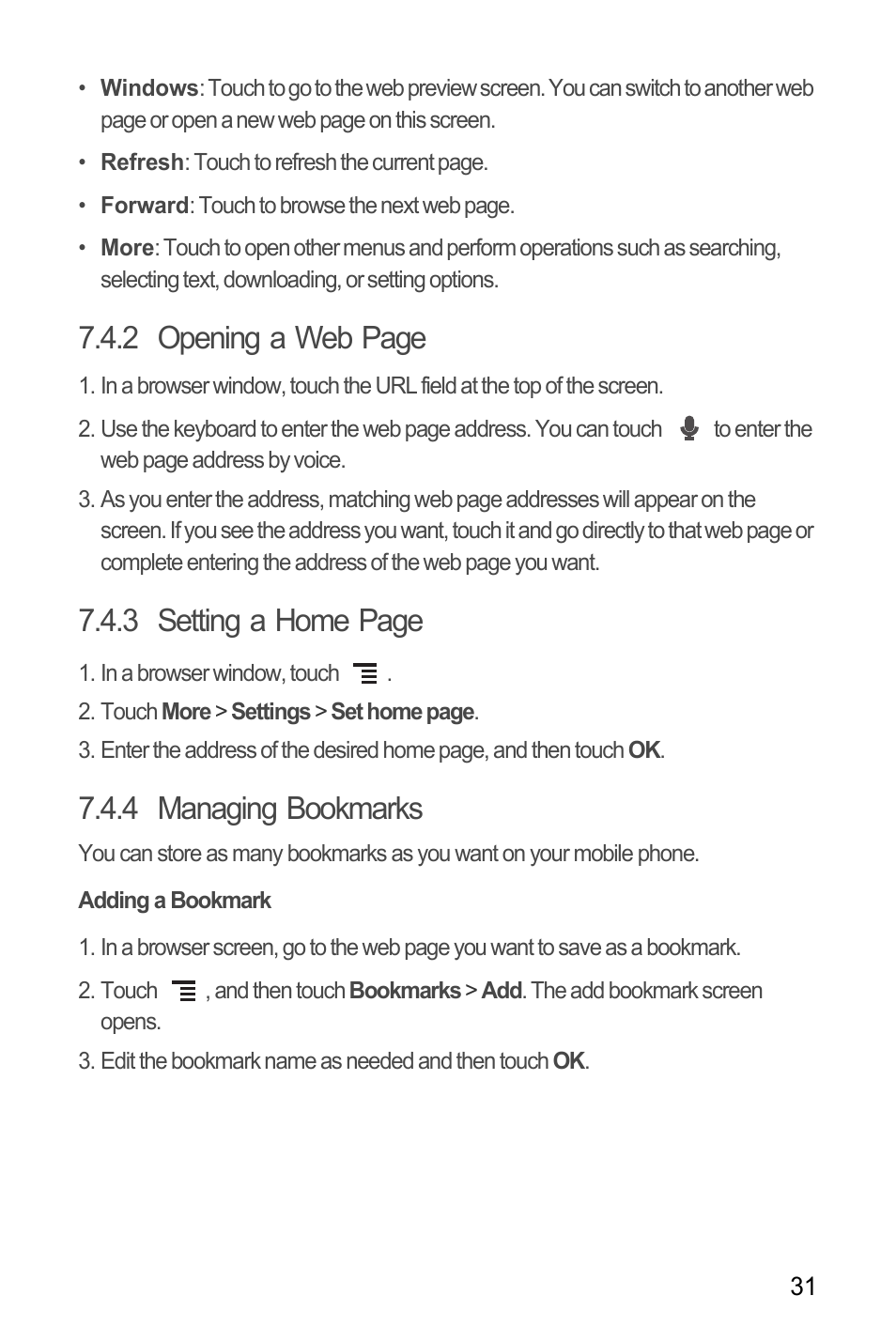 4 managing bookmarks, Adding a bookmark, 2 opening a web page | 3 setting a home page | Huawei U8180 User Manual User Manual | Page 34 / 66