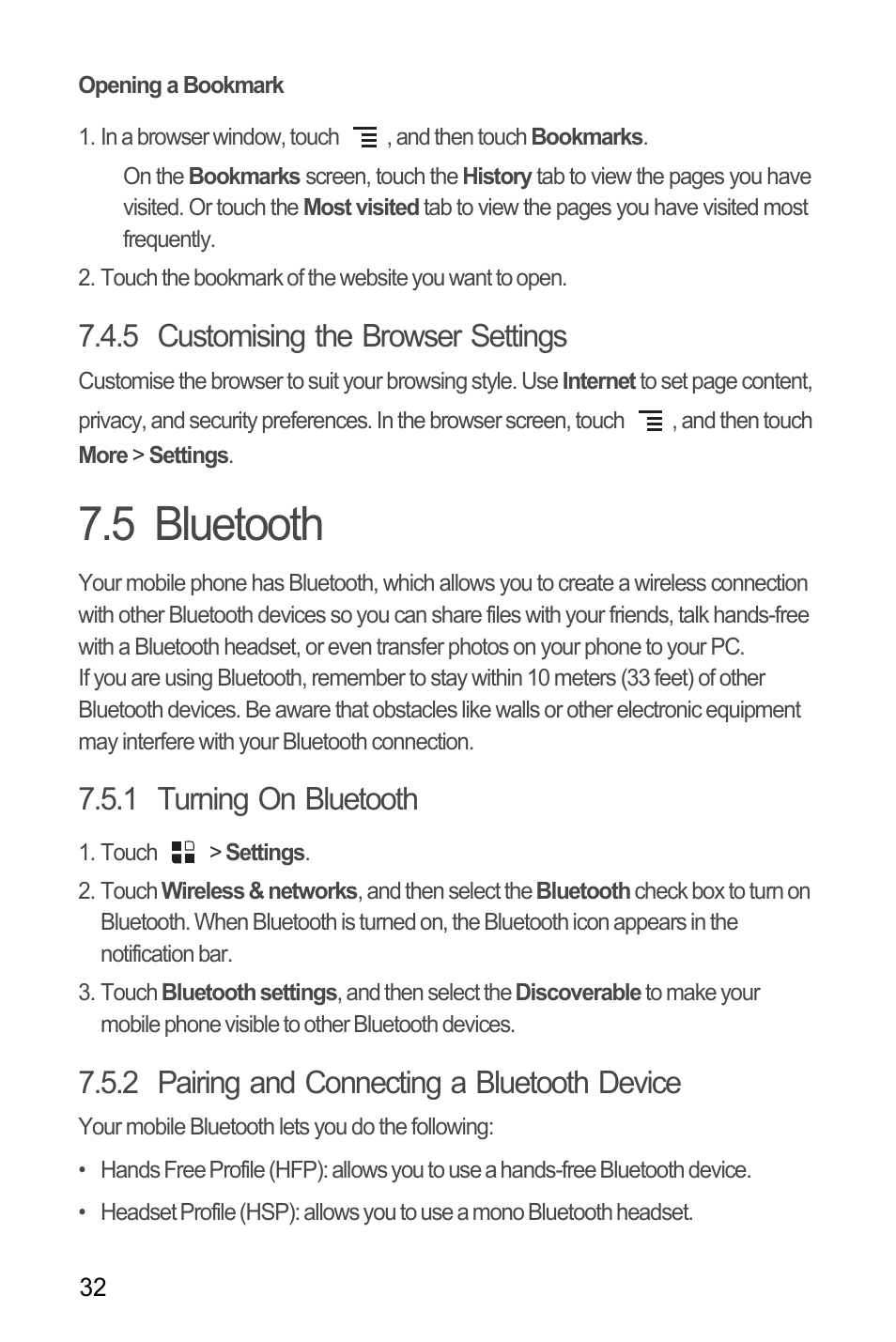 Opening a bookmark, 5 customising the browser settings, 5 bluetooth | 1 turning on bluetooth, 2 pairing and connecting a bluetooth device | Huawei U8180 User Manual User Manual | Page 35 / 66